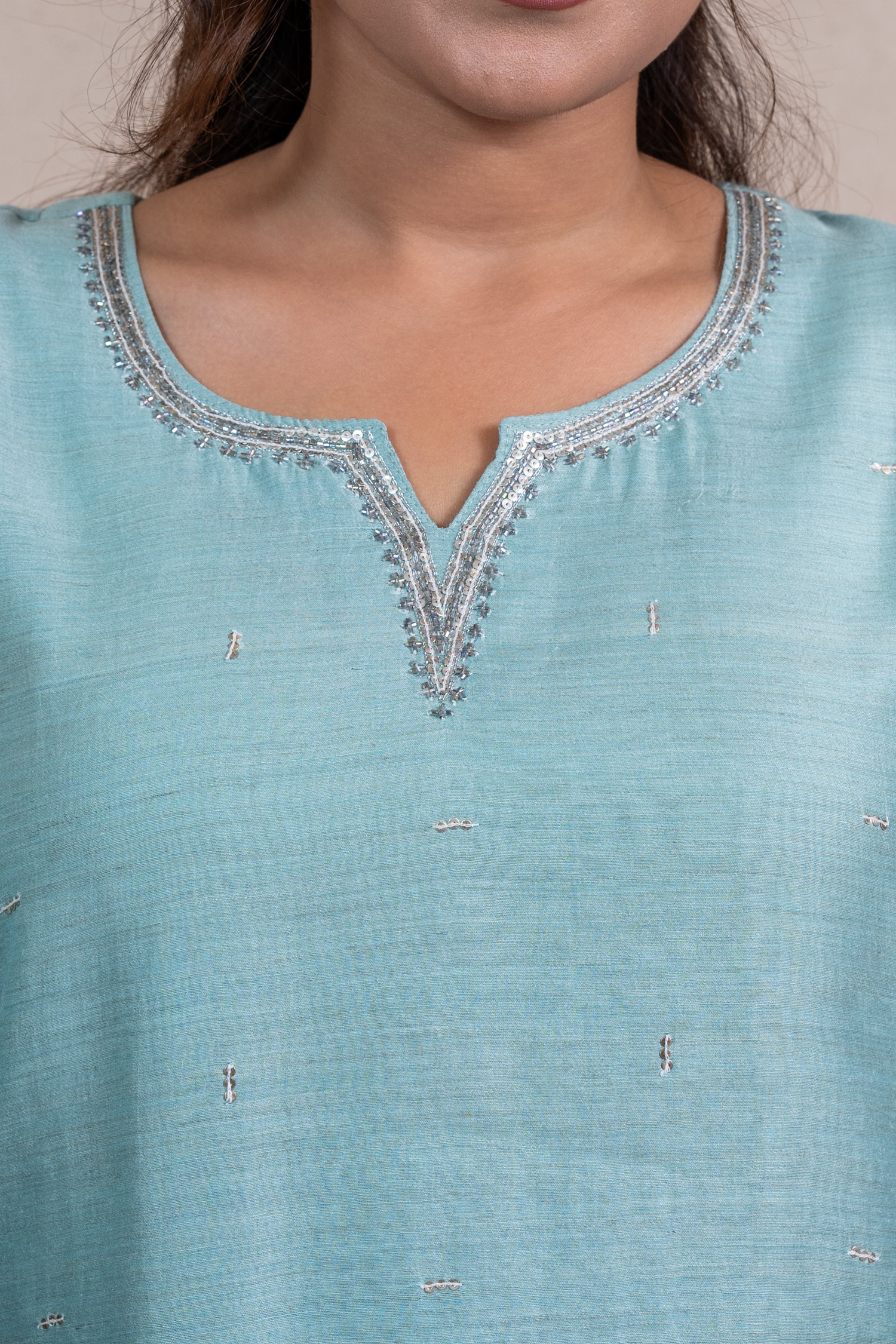Raysham Silver Green Embroidered Tusser Silk Set of 3 | Ray-ethnic