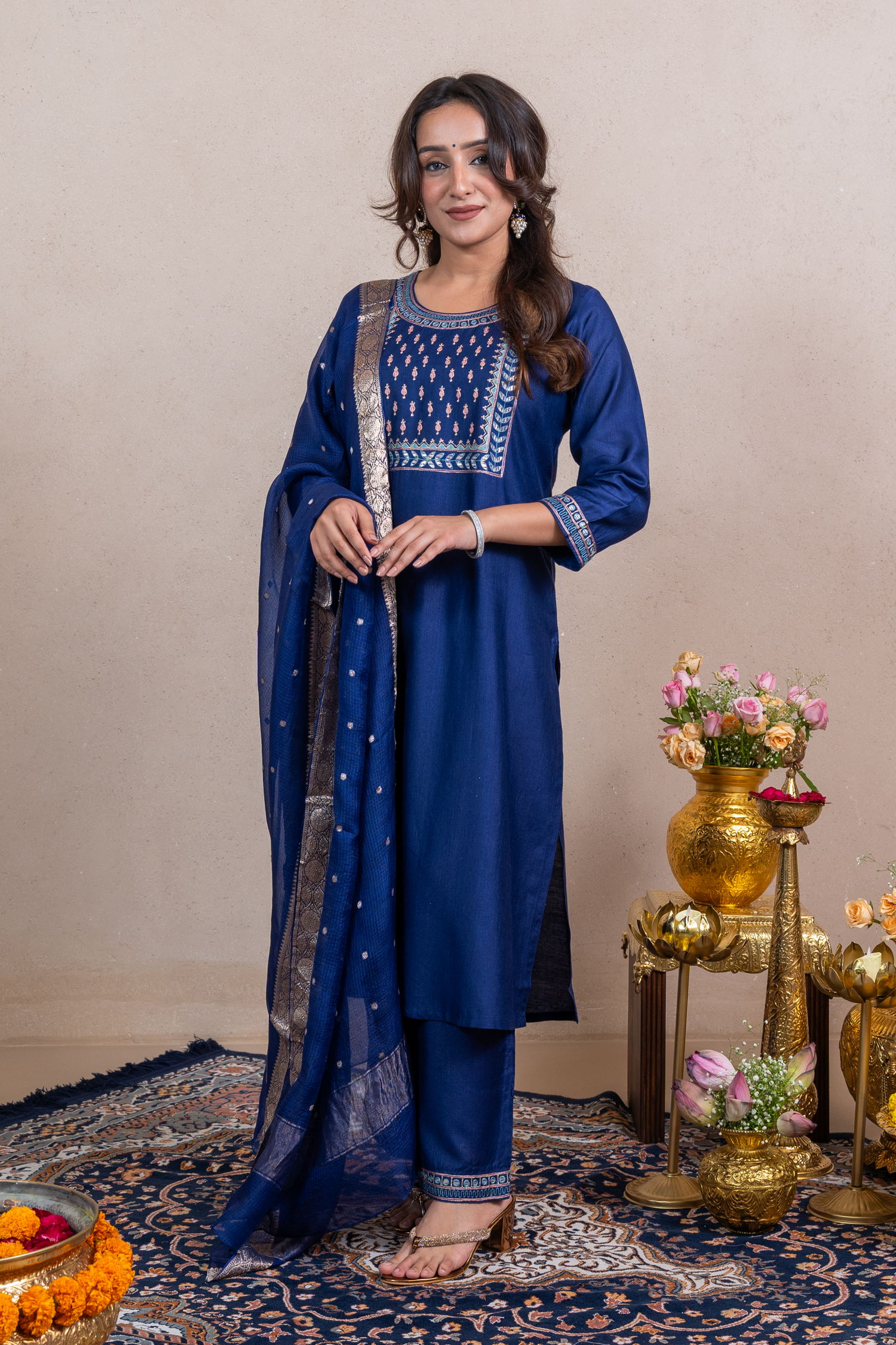 Raysham Blue Embroidered Cotton Silk Set of 3 | Ray-ethnic