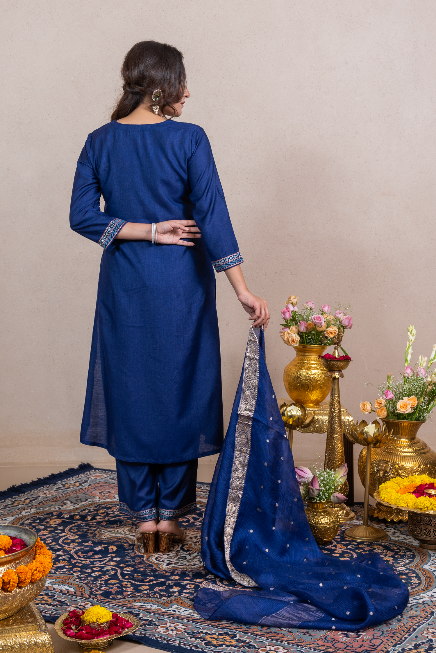 Raysham Blue Embroidered Cotton Silk Set of 3 | Ray-ethnic