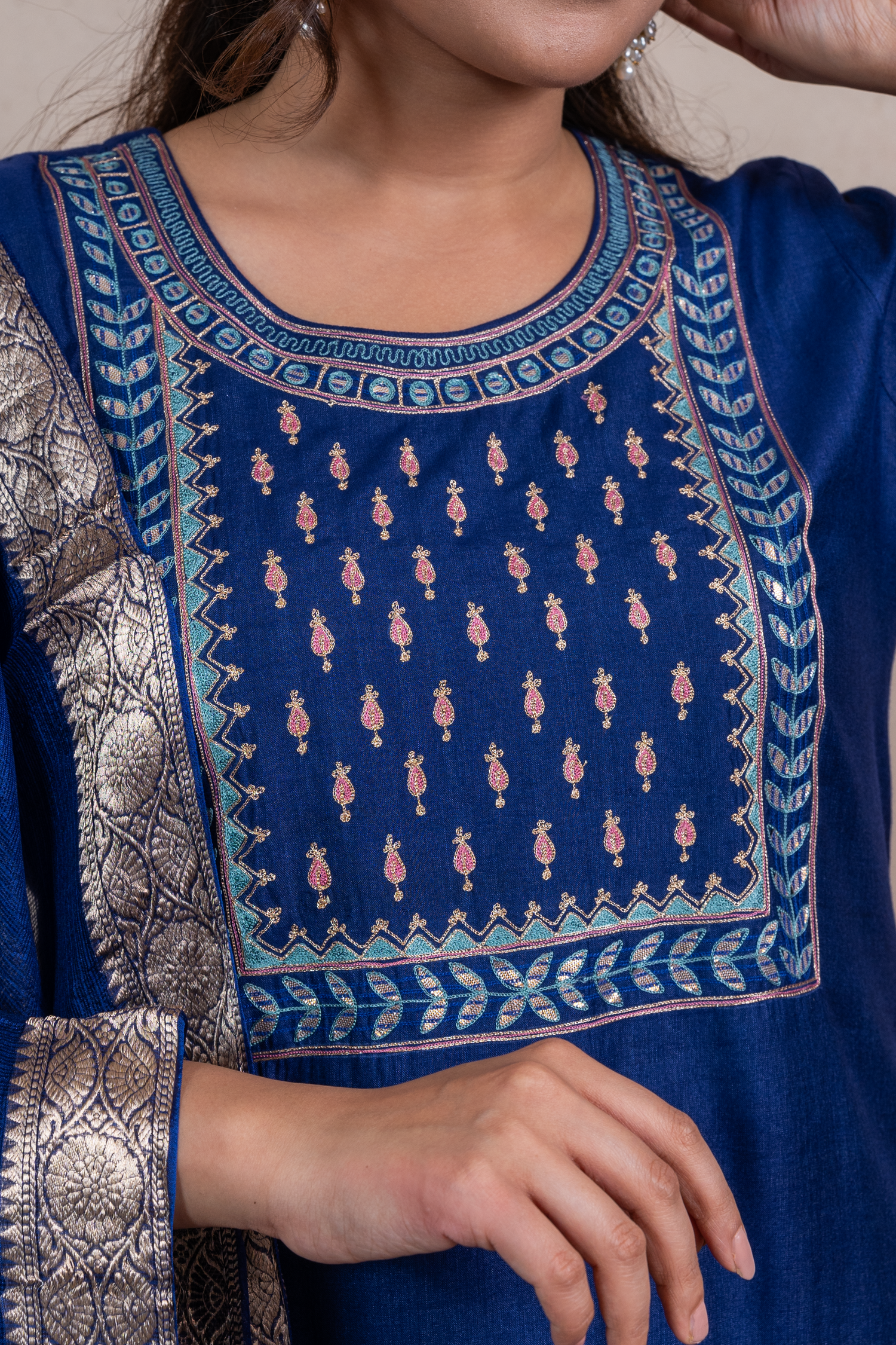 Raysham Blue Embroidered Cotton Silk Set of 3 | Ray-ethnic