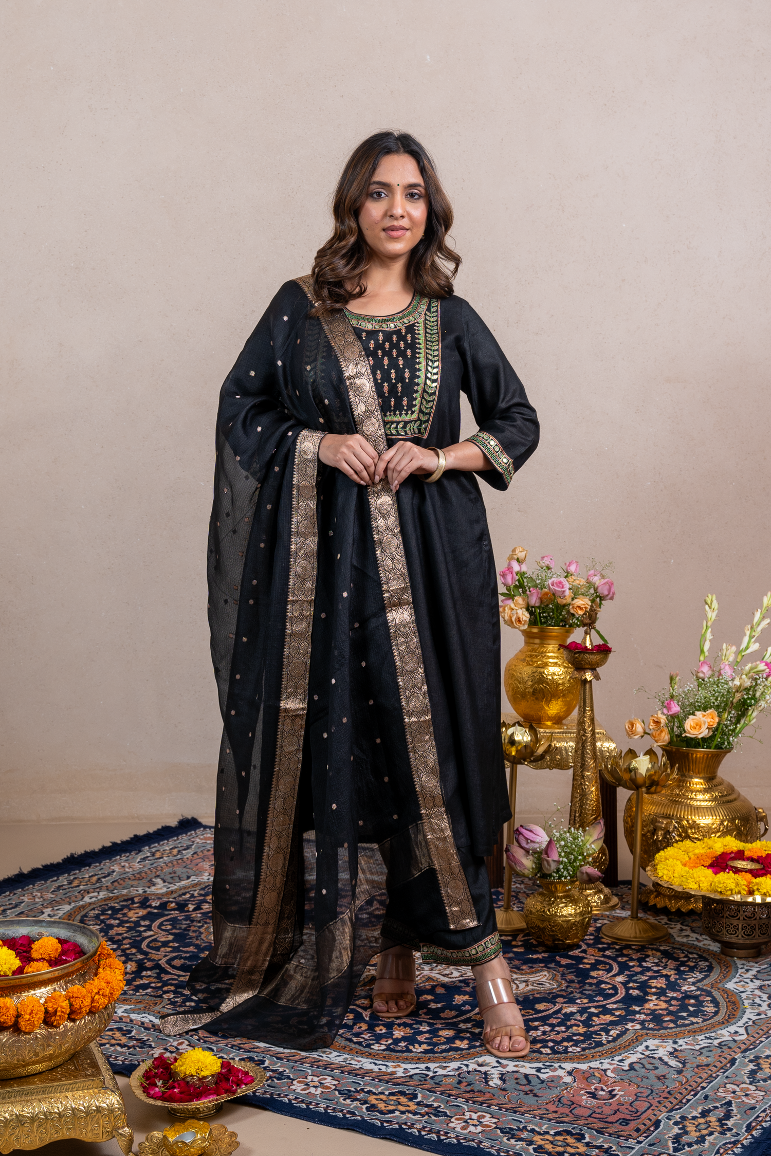 Raysham Black Machine Embroidered Cotton Silk Set of 3 | Ray-ethnic