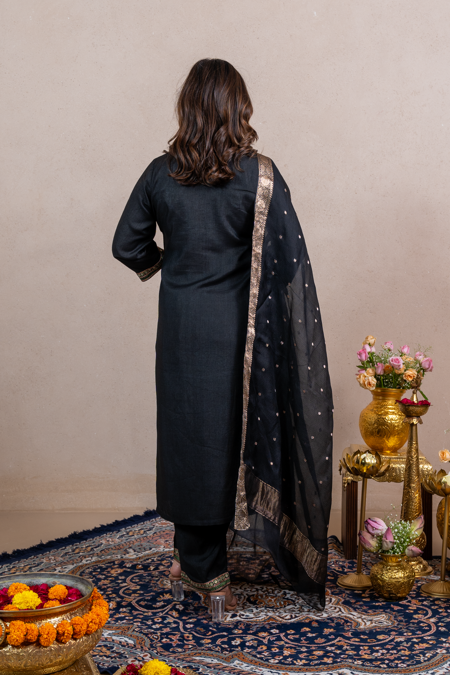 Raysham Black Machine Embroidered Cotton Silk Set of 3 | Ray-ethnic