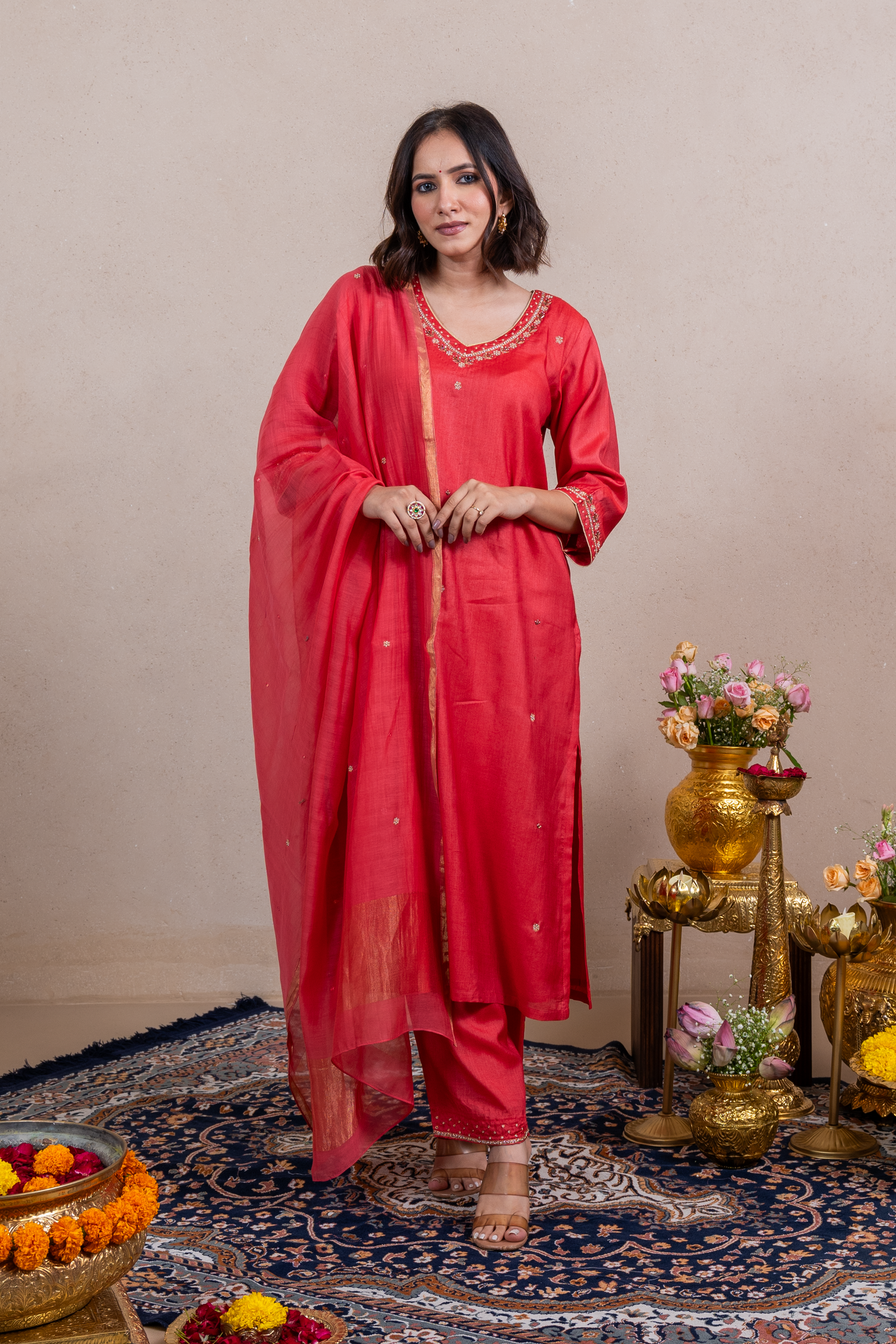 Raysham Red Embroidered Tusser Silk Set of 3 | Ray-ethnic