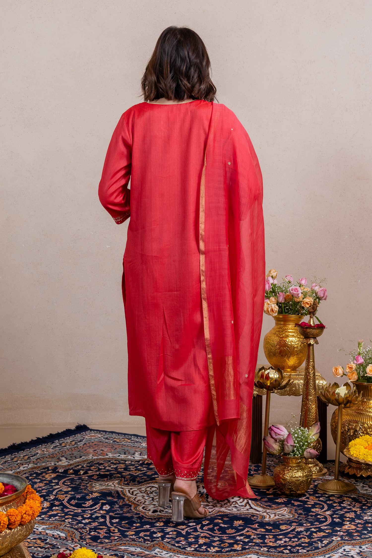 Raysham Red Embroidered Tusser Silk Set of 3 | Ray-ethnic
