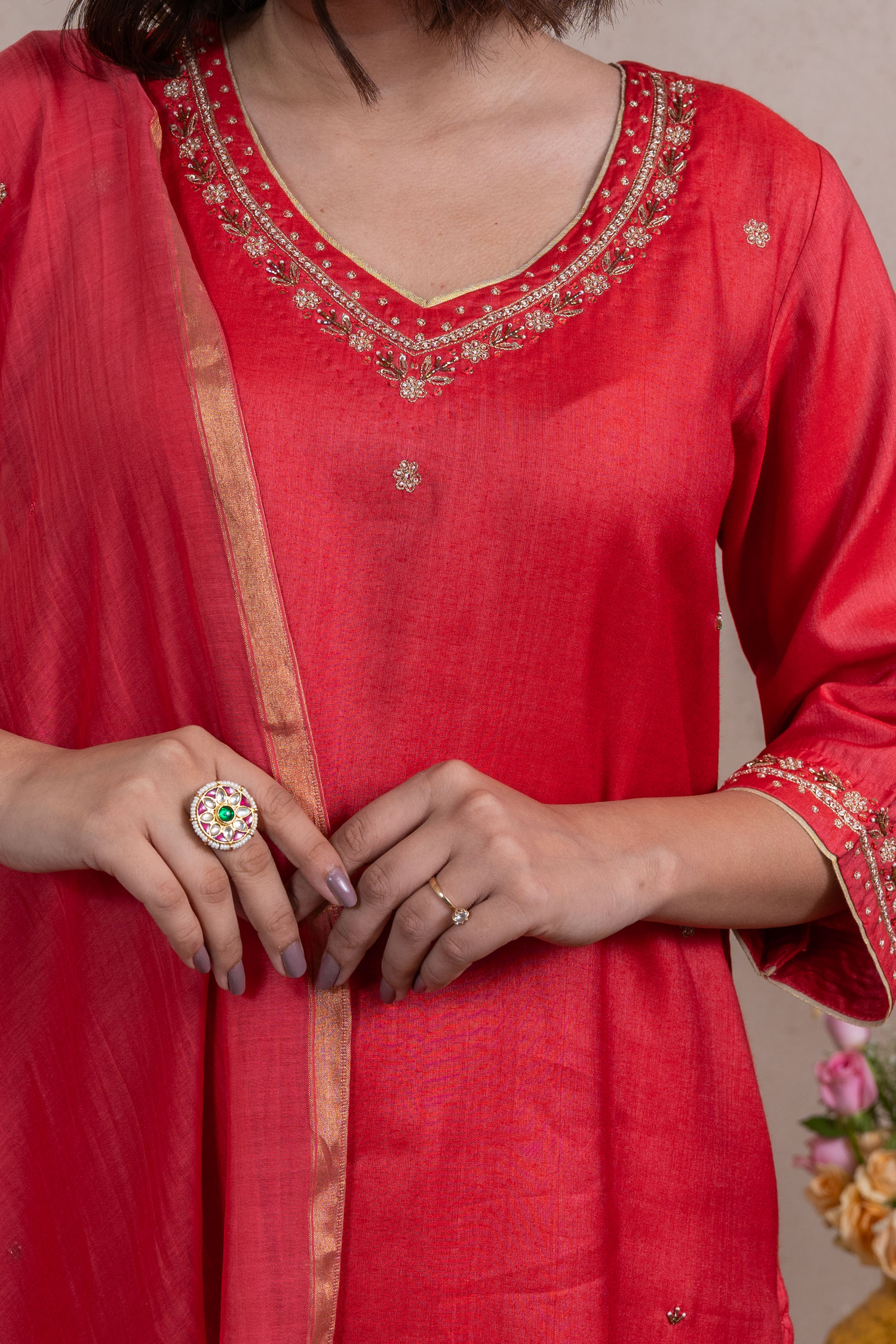 Raysham Red Embroidered Tusser Silk Set of 3 | Ray-ethnic