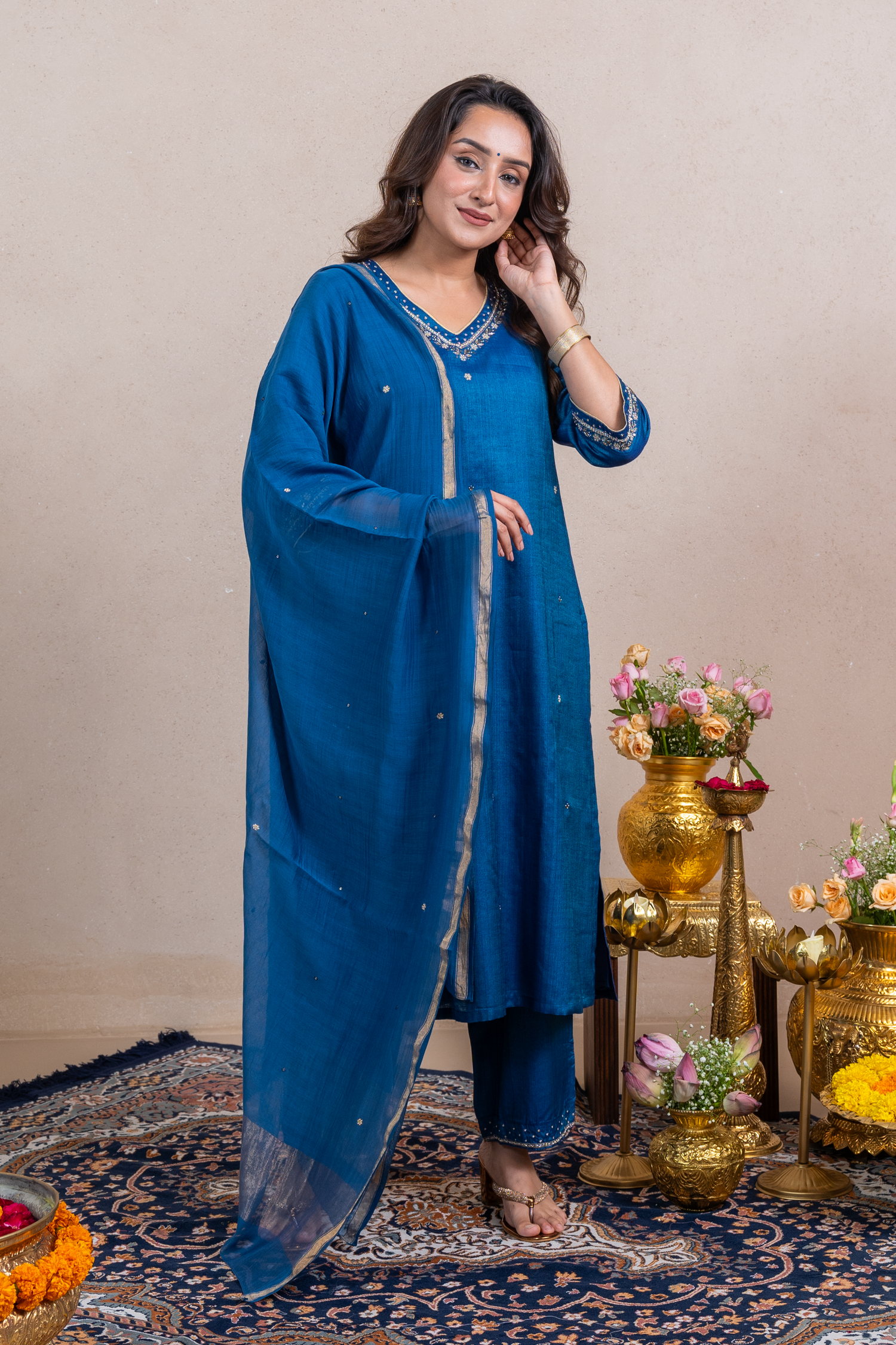 Raysham Blue Embroidered Tusser Silk Set of 3 | Ray-ethnic