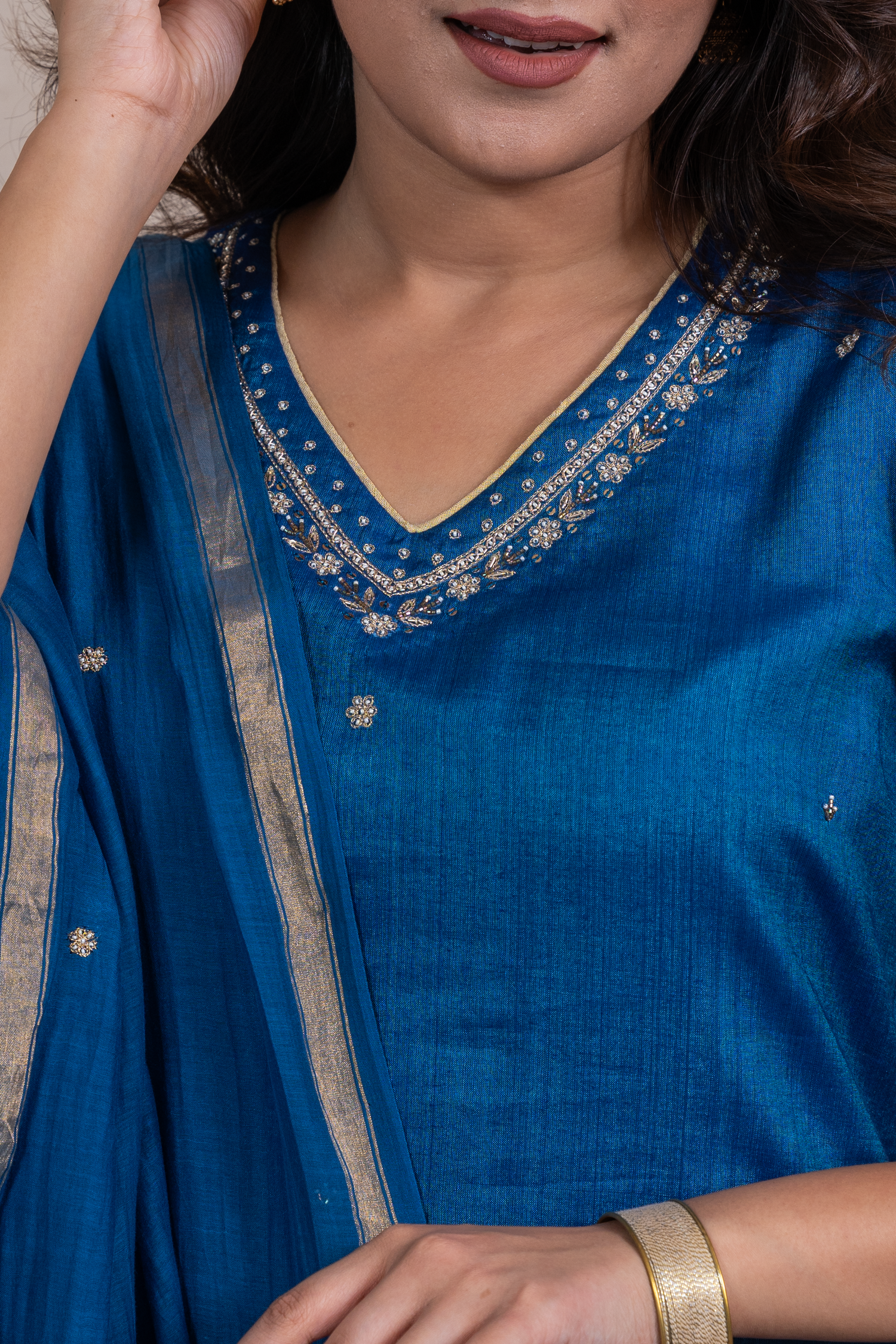 Raysham Blue Embroidered Tusser Silk Set of 3 | Ray-ethnic