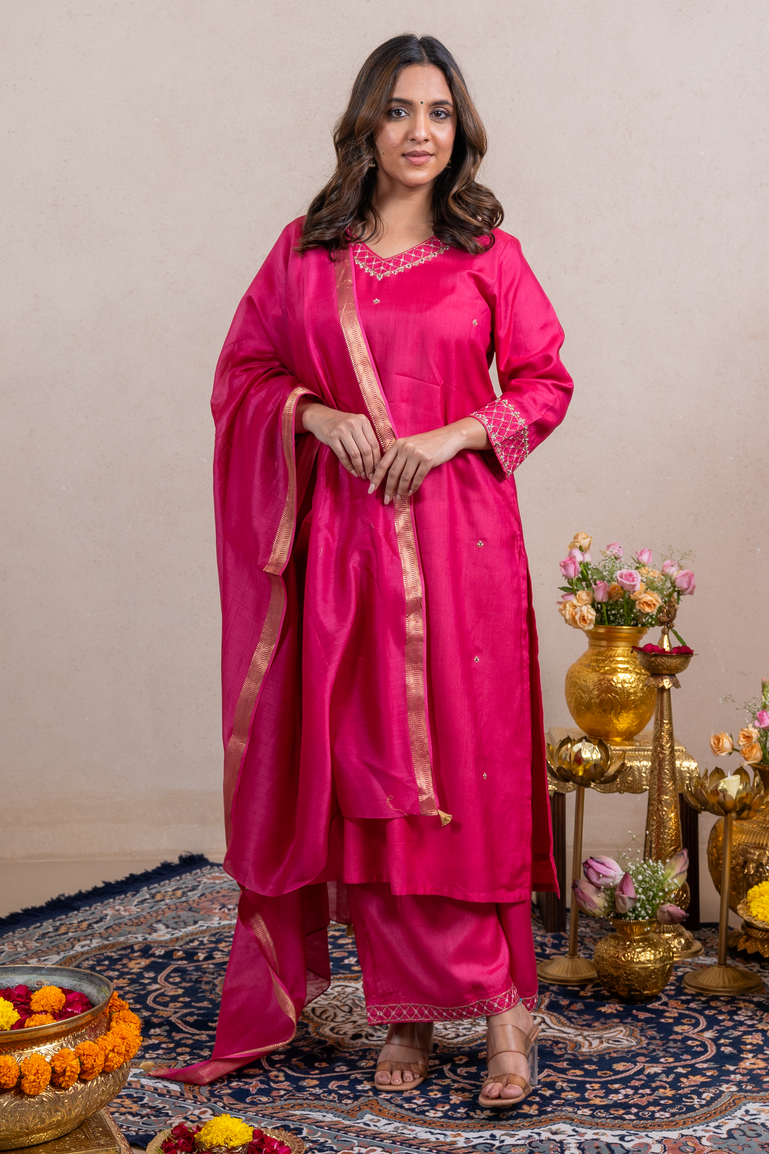 Raysham Rani Pink Embroidered Cotton Silk Set of 3 | Ray-ethnic