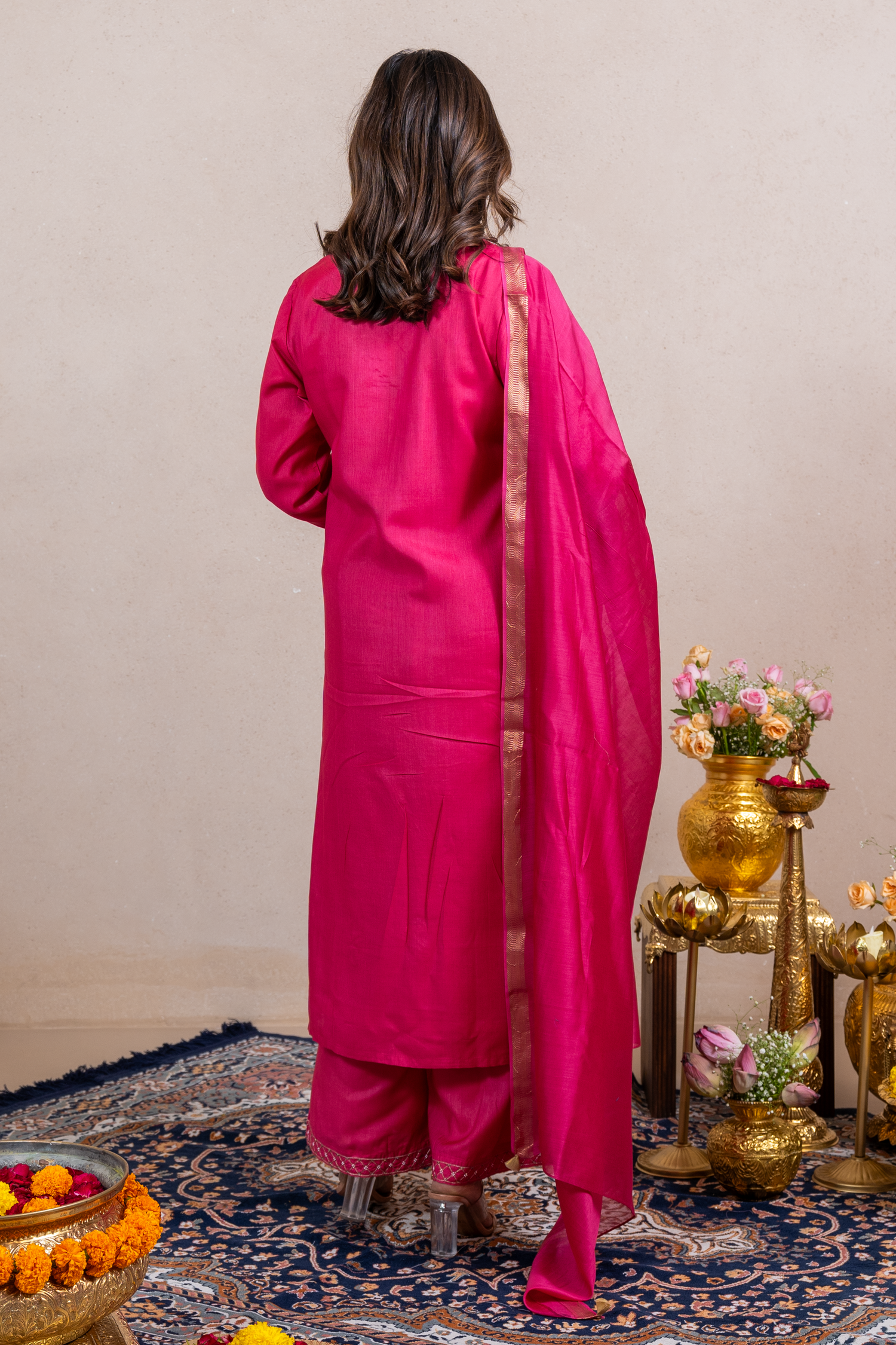 Raysham Rani Pink Embroidered Cotton Silk Set of 3 | Ray-ethnic