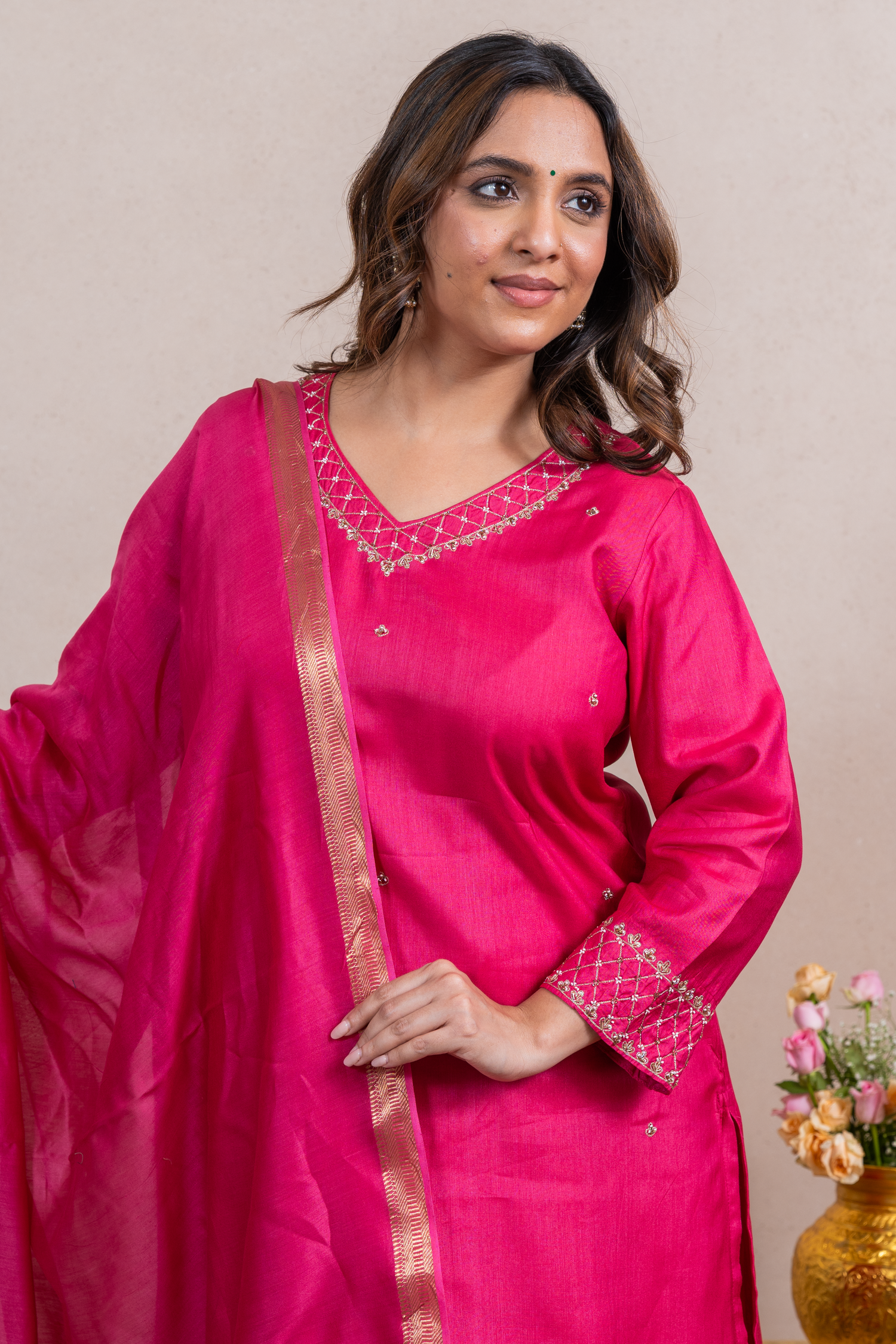 Raysham Rani Pink Embroidered Cotton Silk Set of 3 | Ray-ethnic