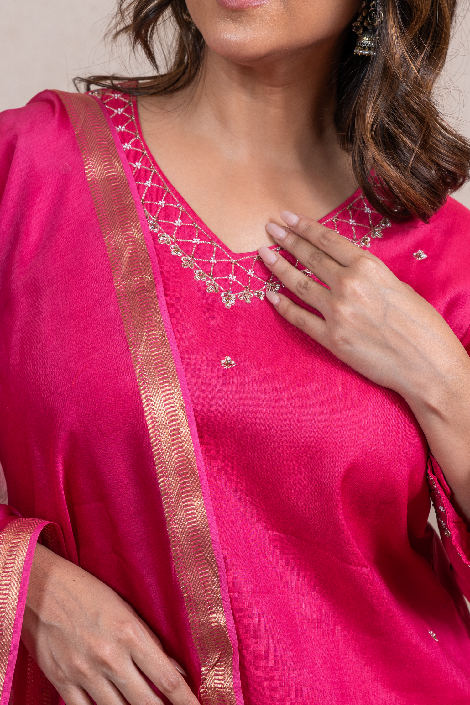 Raysham Rani Pink Embroidered Cotton Silk Set of 3 | Ray-ethnic