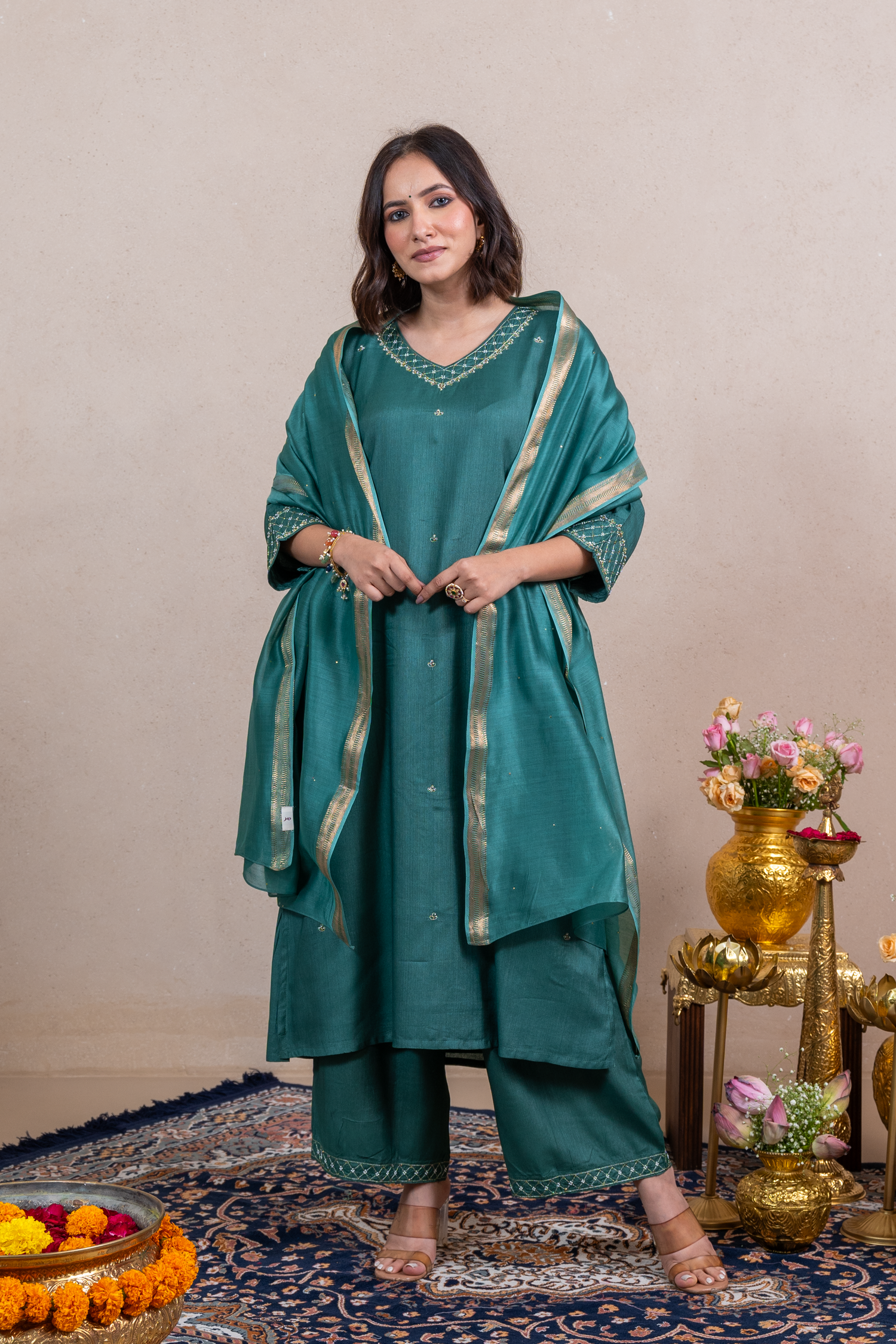 Raysham Green Embroidered Cotton Silk Set of 3 | Ray-ethnic