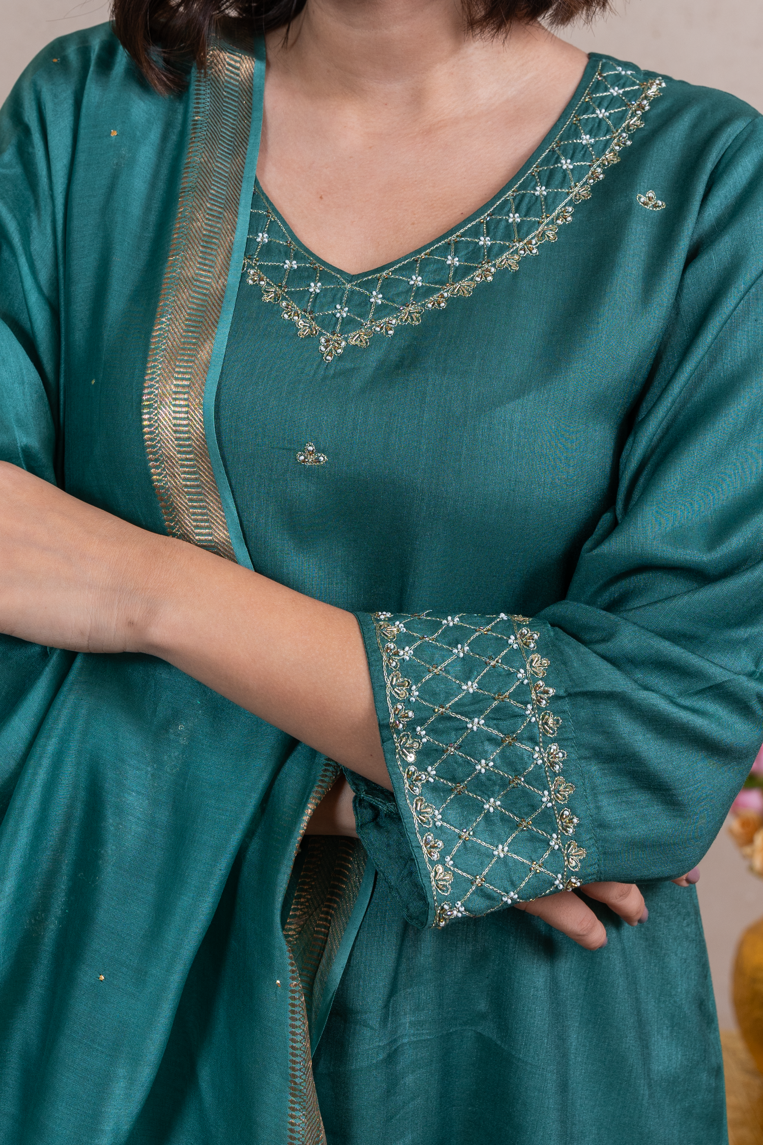 Raysham Green Embroidered Cotton Silk Set of 3 | Ray-ethnic