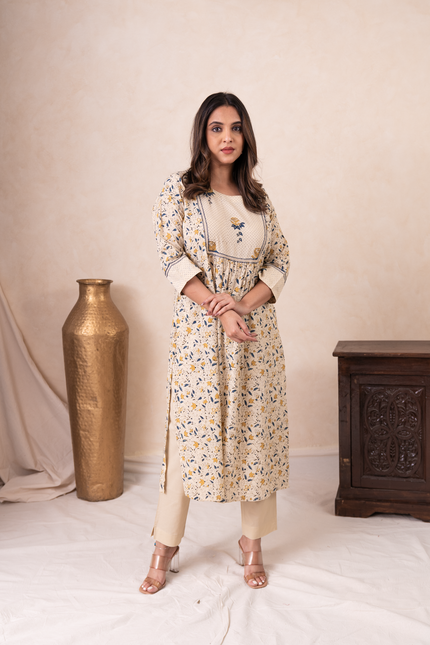 Aakruti Cream Ajarakh Cotton Kurta | Ray-ethnic