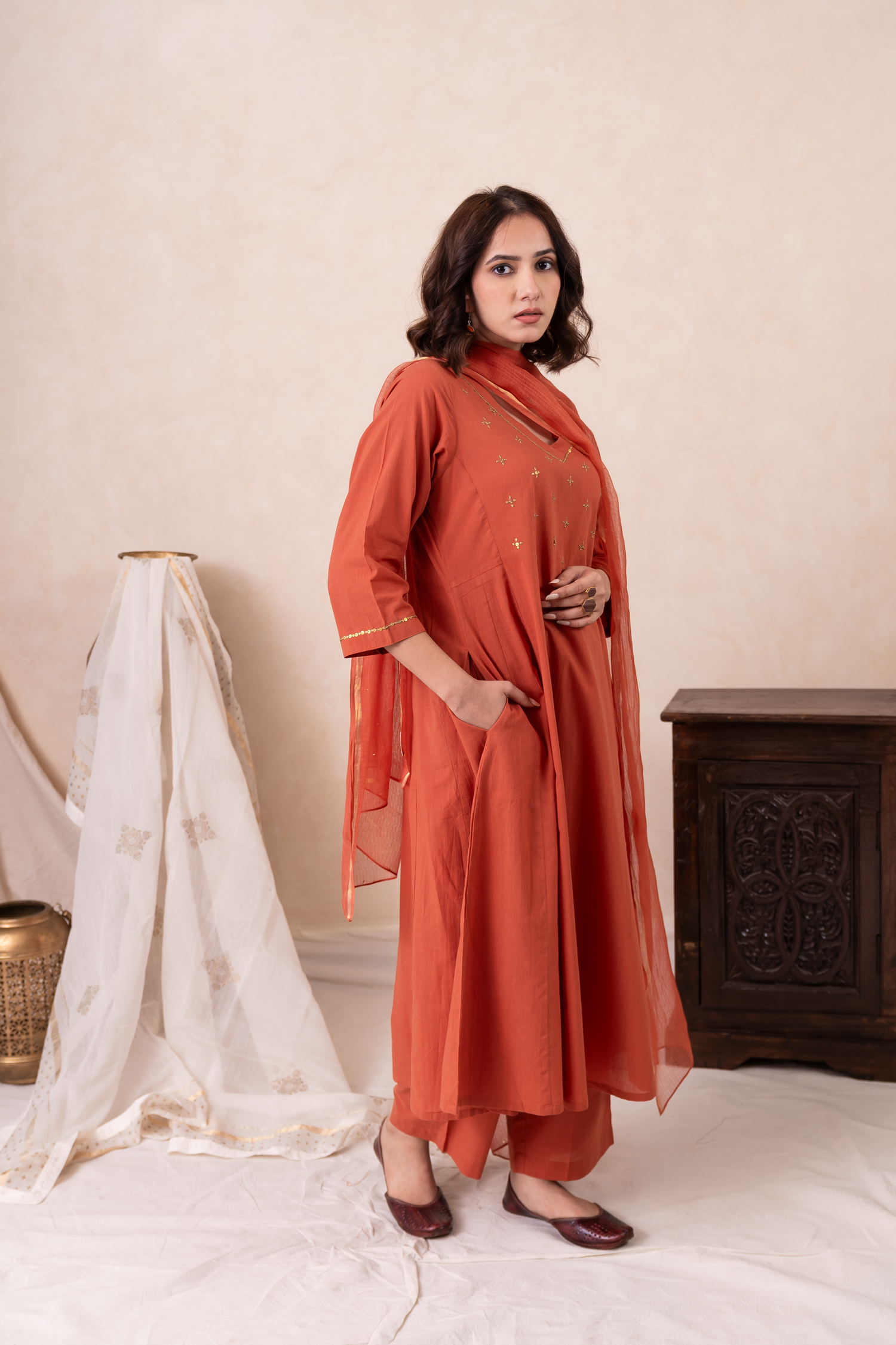 Aakruti Rust Sequins Cotton Set of 3 | Ray-ethnic