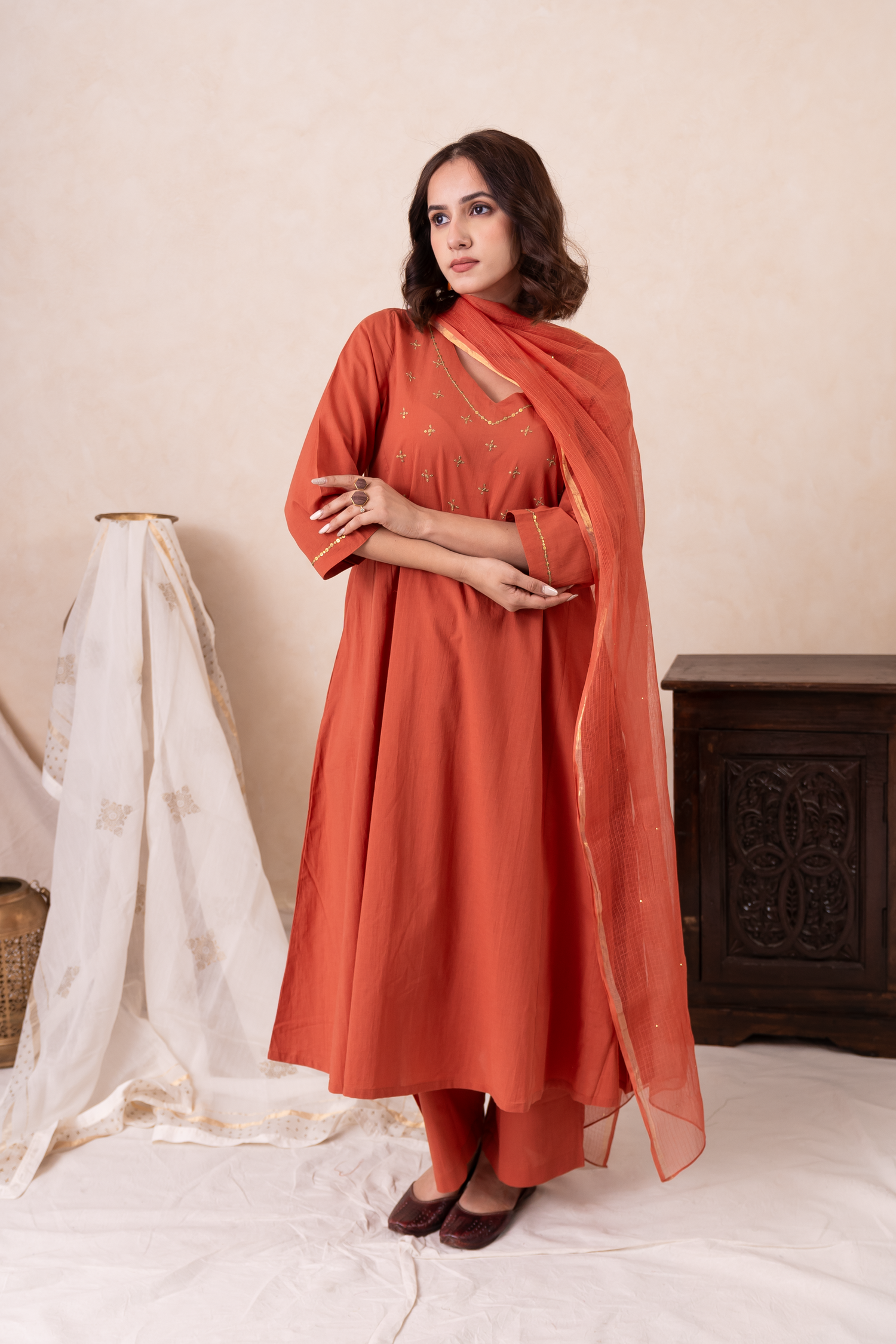 Aakruti Rust Sequins Cotton Set of 3 | Ray-ethnic