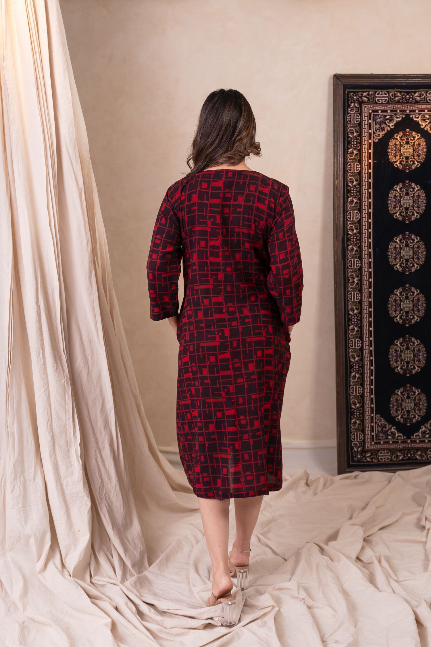 Aakruti Red Dabu Cotton Dress | Ray-ethnic