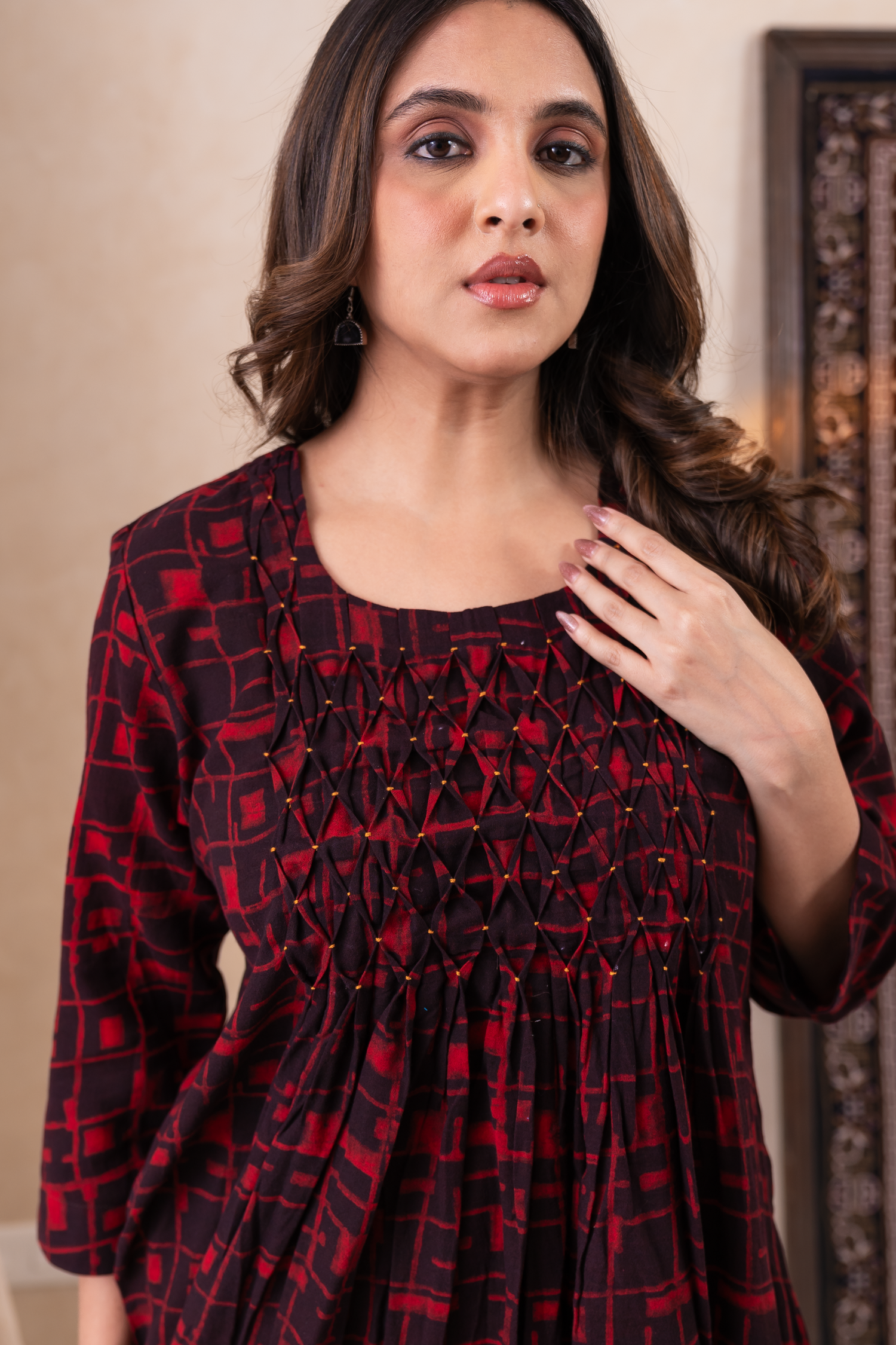 Aakruti Red Dabu Cotton Dress | Ray-ethnic