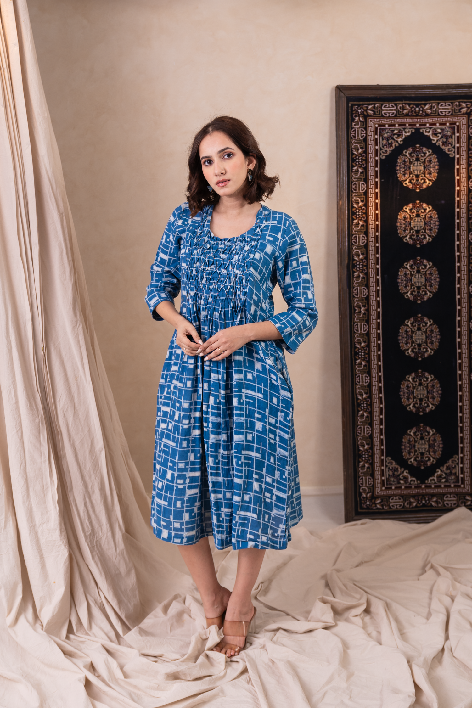 Aakruti Indigo Blue Dabu Cotton Dress