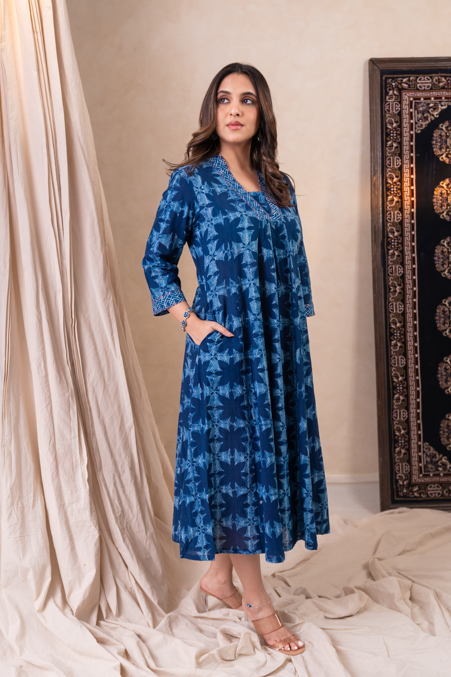 Aakruti Indigo Blue Dabu Cotton Dress | Ray-ethnic