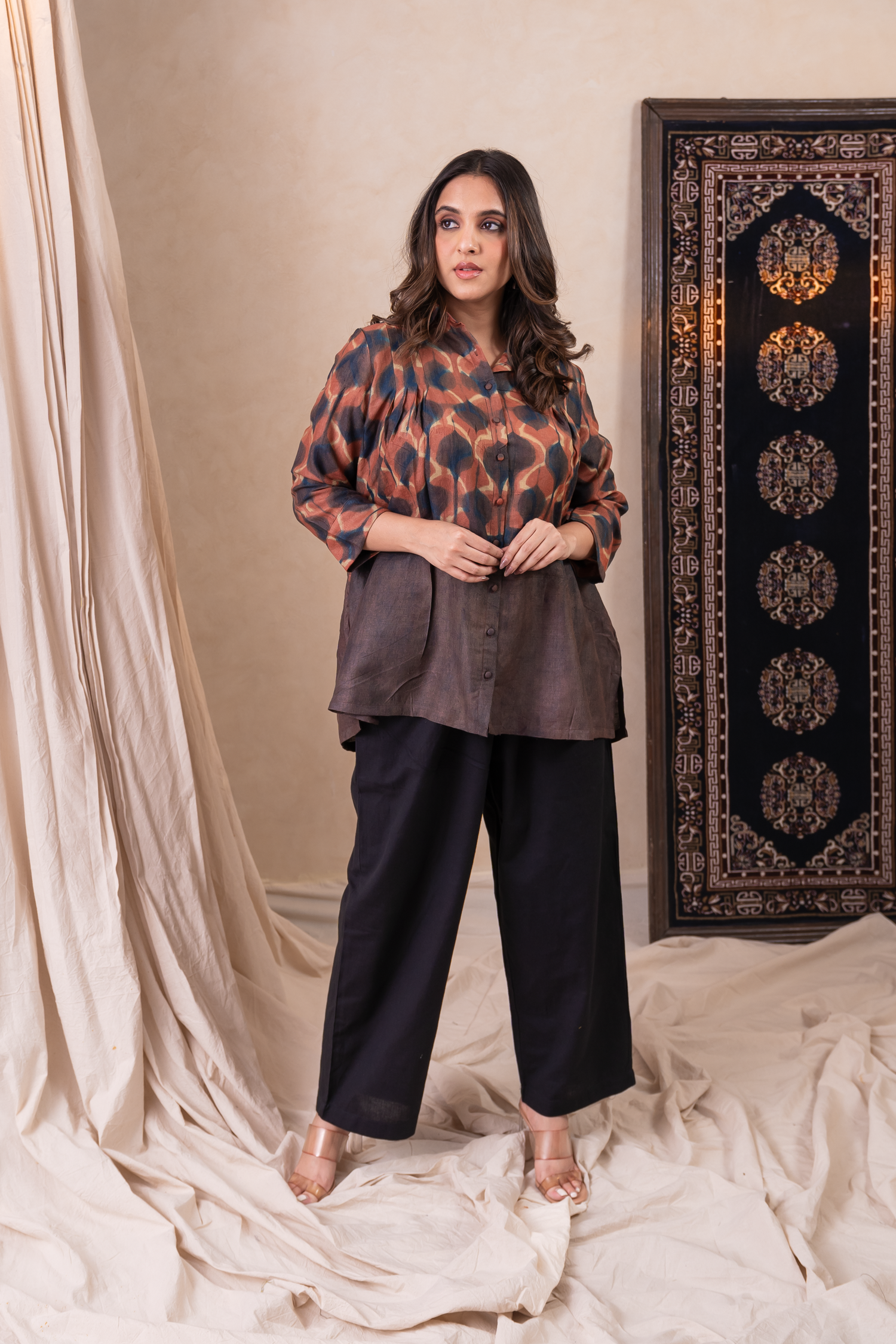 Aakruti Rust Clamp Munga Silk Top | Ray-ethnic