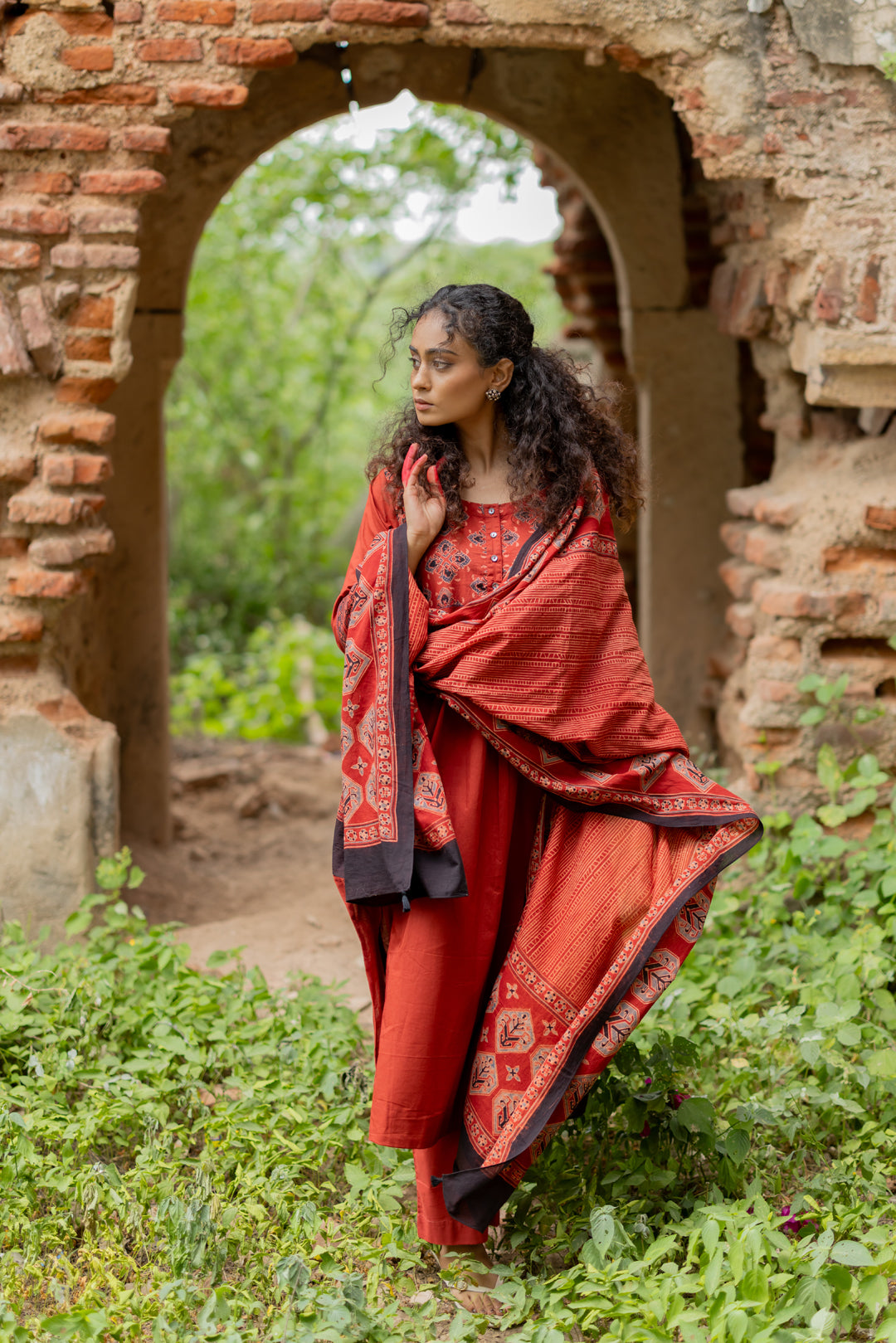 Maroon Ajrakh Hand Block Printed Mul Cotton Dupatta - Mehrab