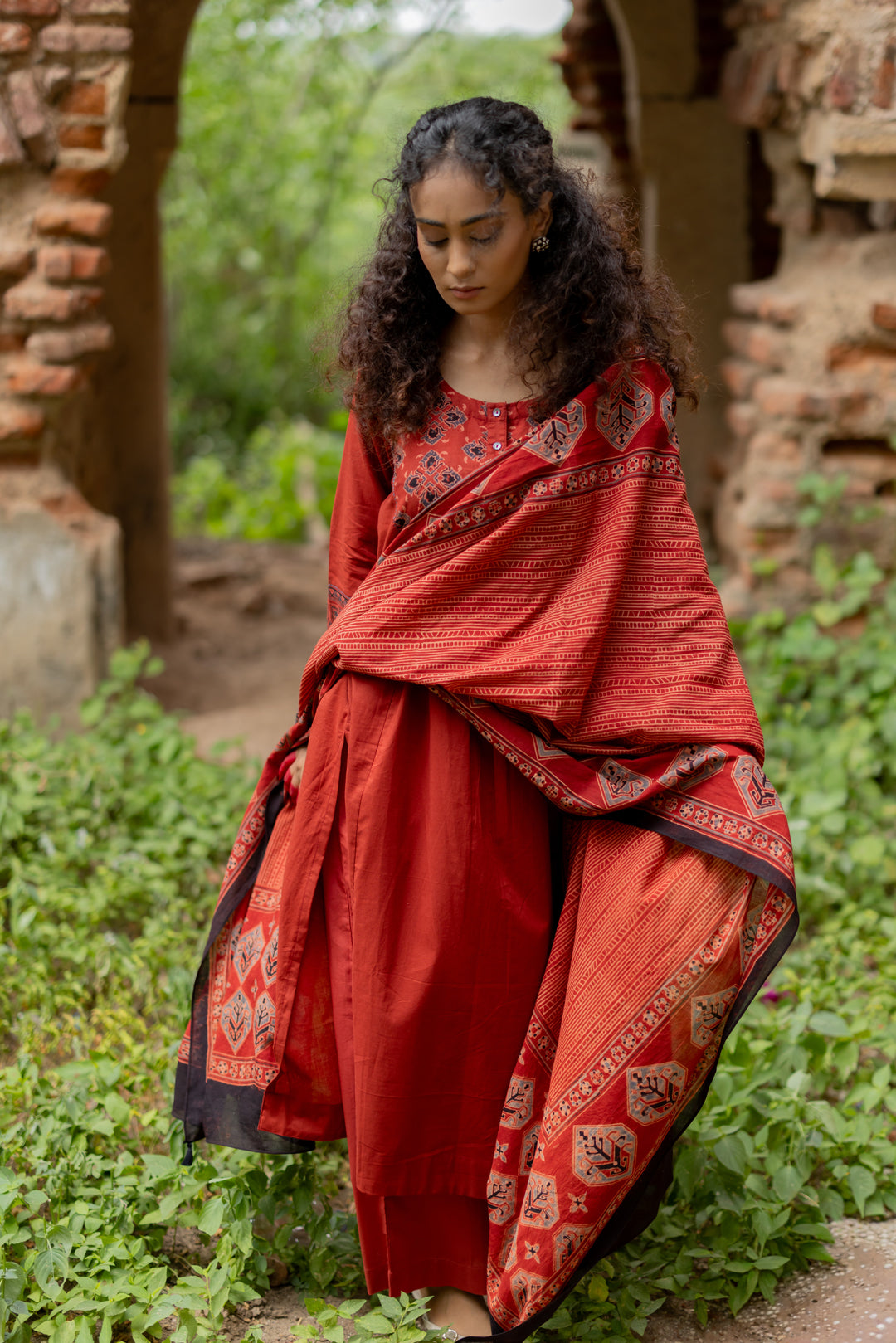 Maroon Ajrakh Hand Block Printed Mul Cotton Dupatta - Mehrab