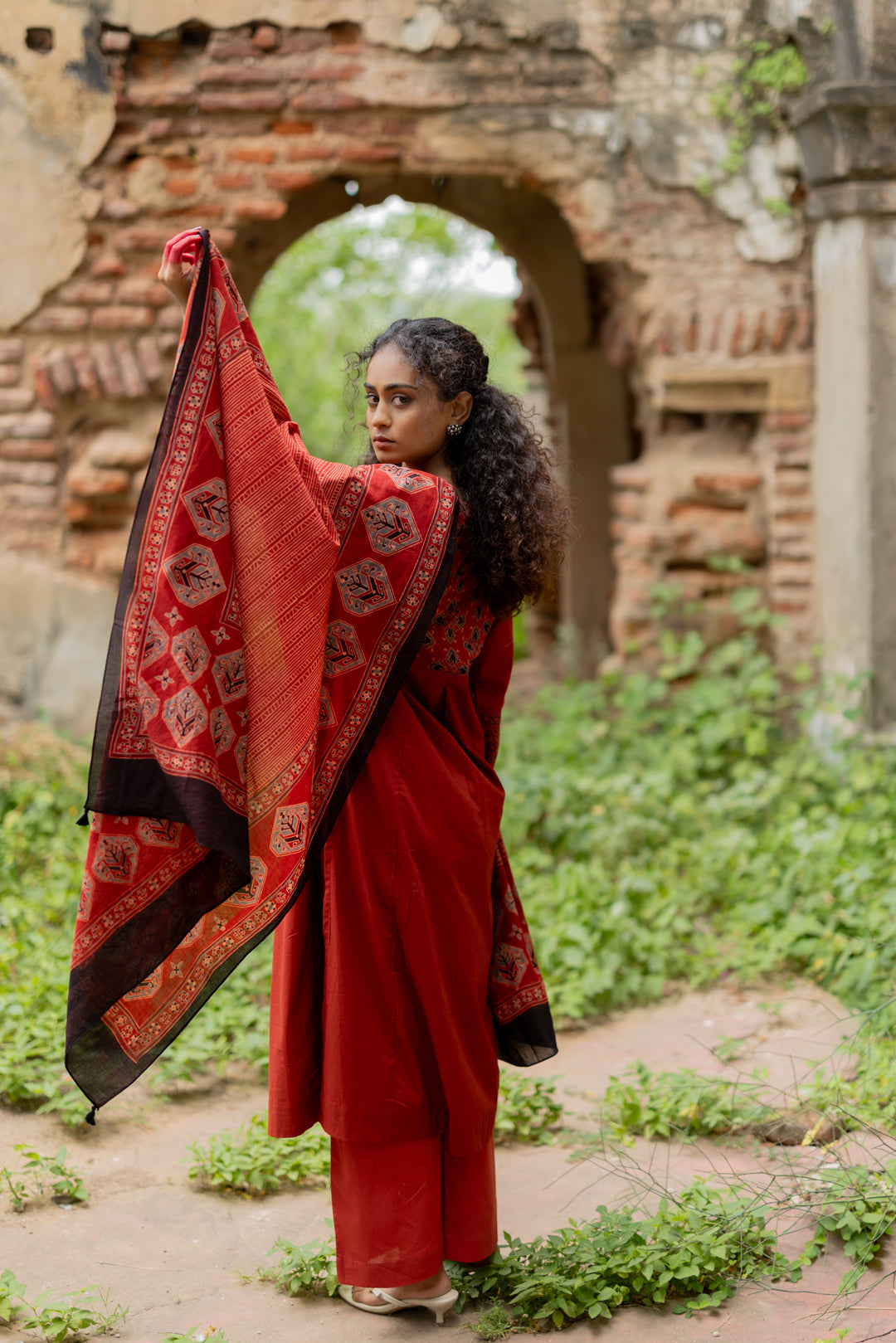 Maroon Ajrakh Hand Block Printed Mul Cotton Dupatta - Mehrab