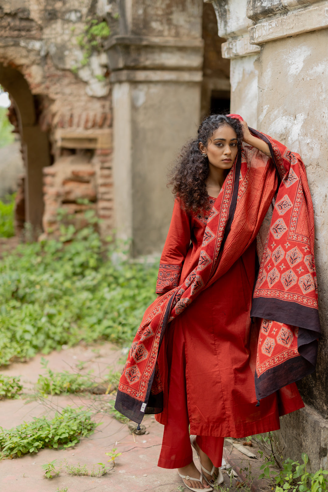 Maroon Ajrakh Hand Block Printed Mul Cotton Dupatta - Mehrab