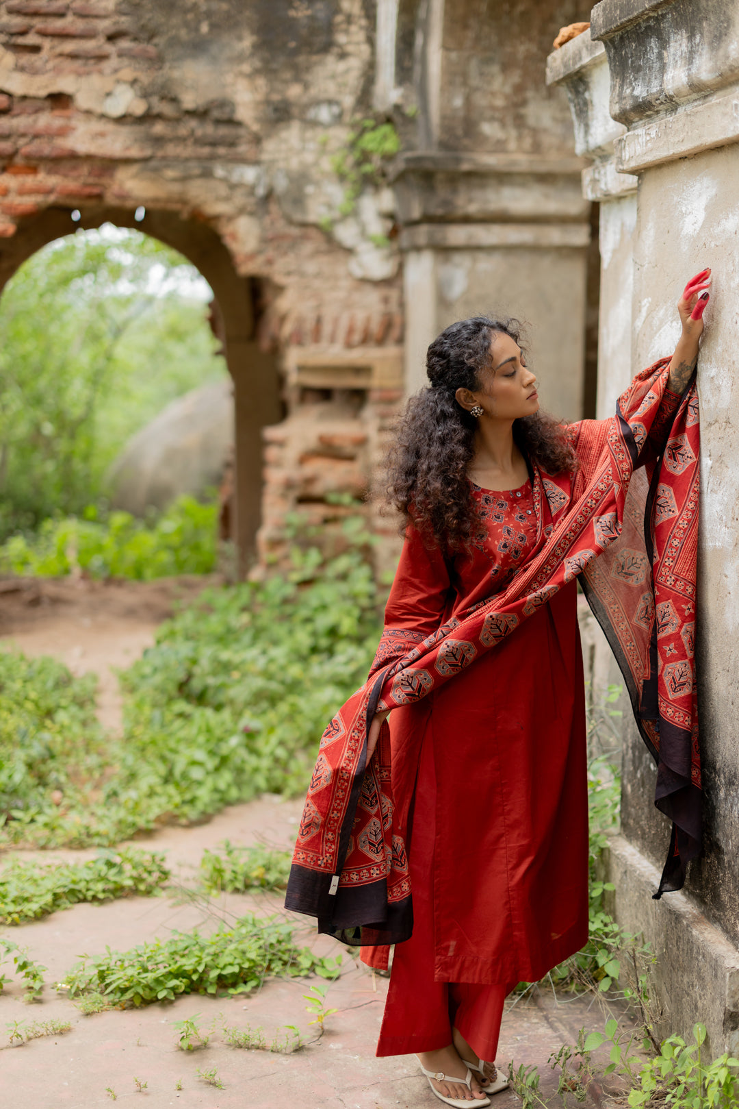 Maroon Ajrakh Hand Block Printed Mul Cotton Dupatta - Mehrab