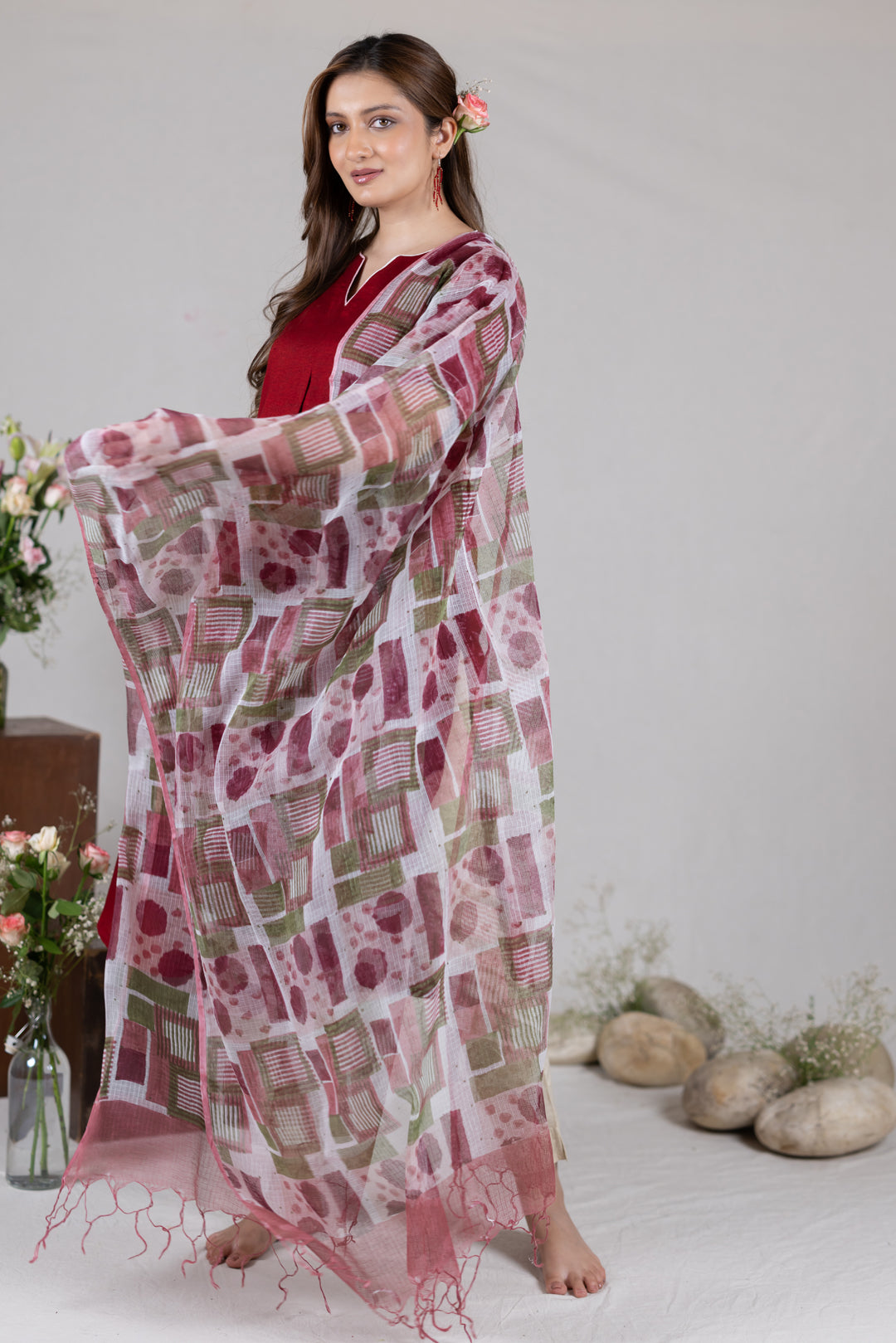 Handblock Print Kota Dupatta in Mixed Tones by Ray Ethnic