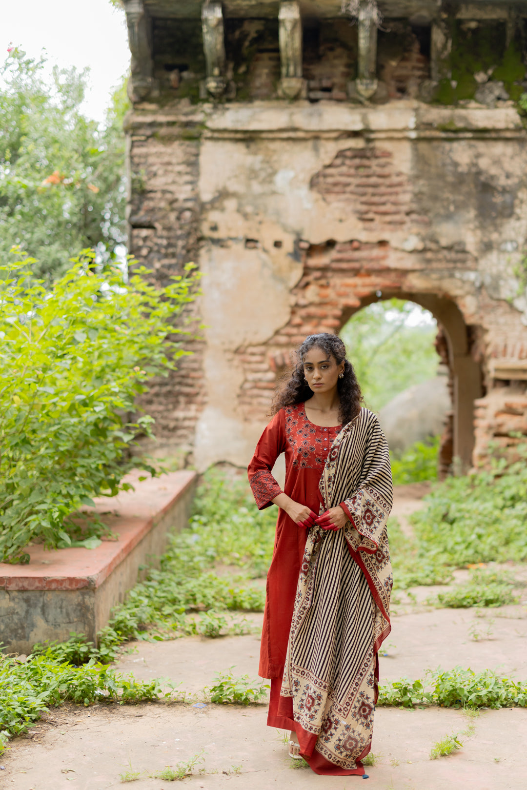 Cream Ajrakh Hand Block Printed Mul Cotton Dupatta - Mehrab