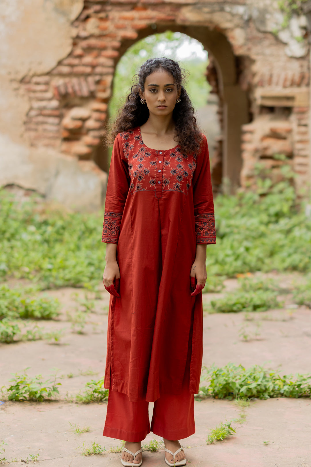 Maroon Ajrakh Block Print Mul Cotton Kurta - Mehrab
