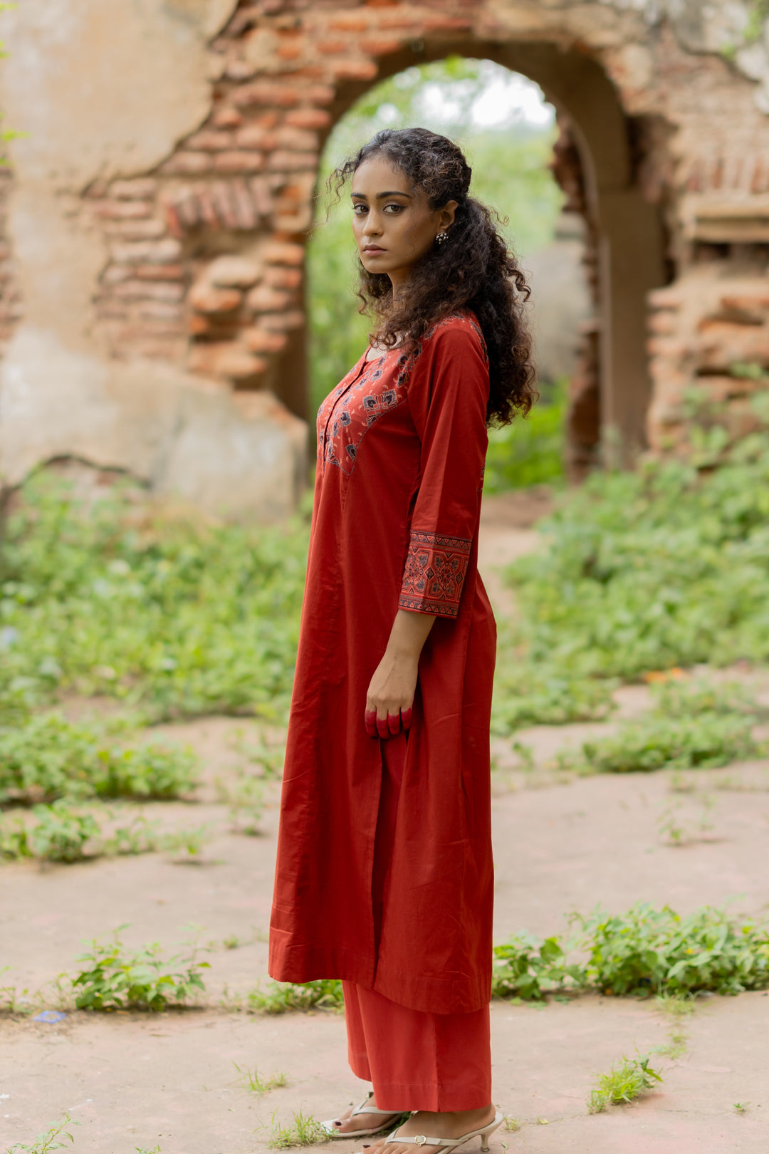Maroon Ajrakh Block Print Mul Cotton Kurta - Mehrab
