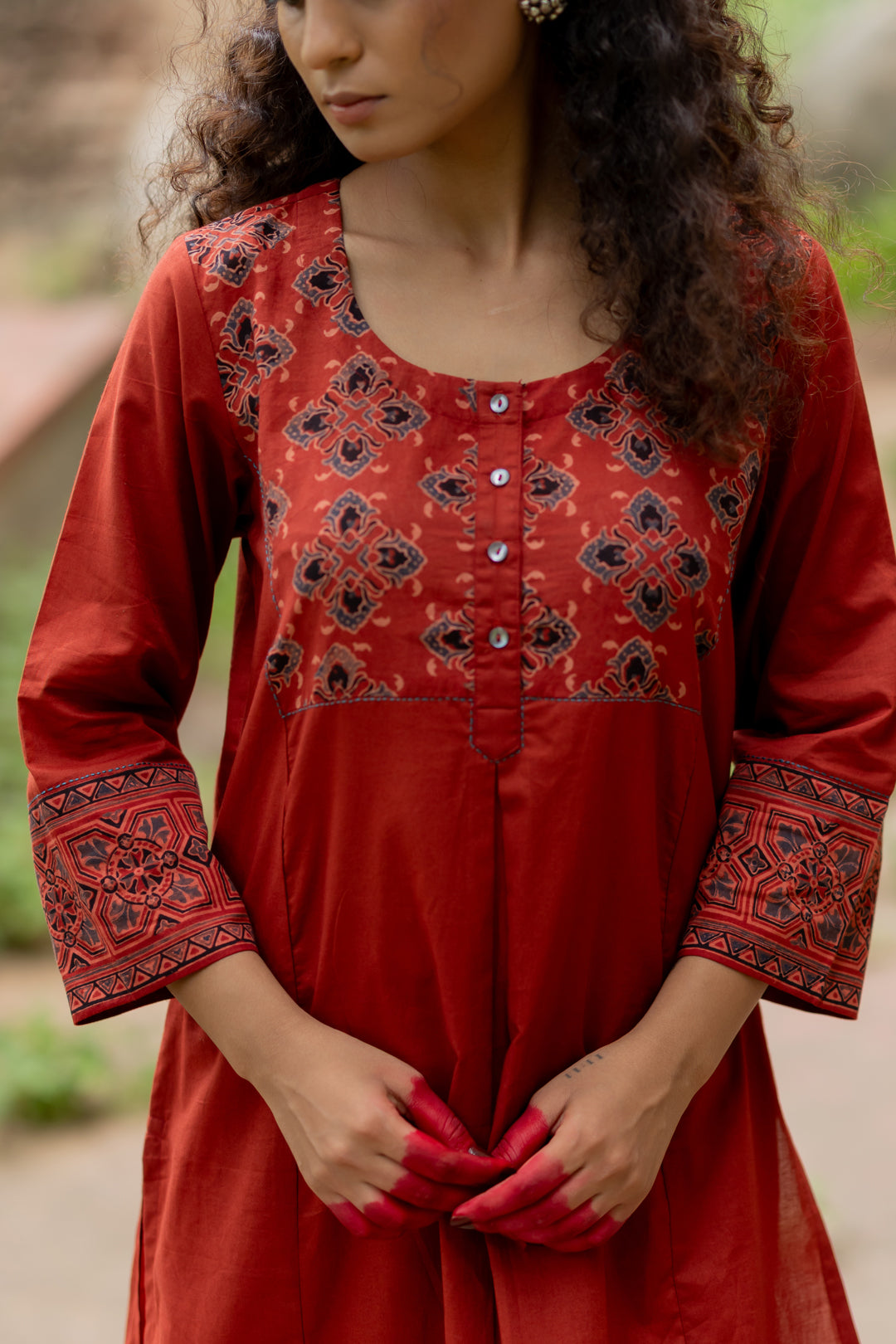 Maroon Ajrakh Block Print Mul Cotton Kurta - Mehrab