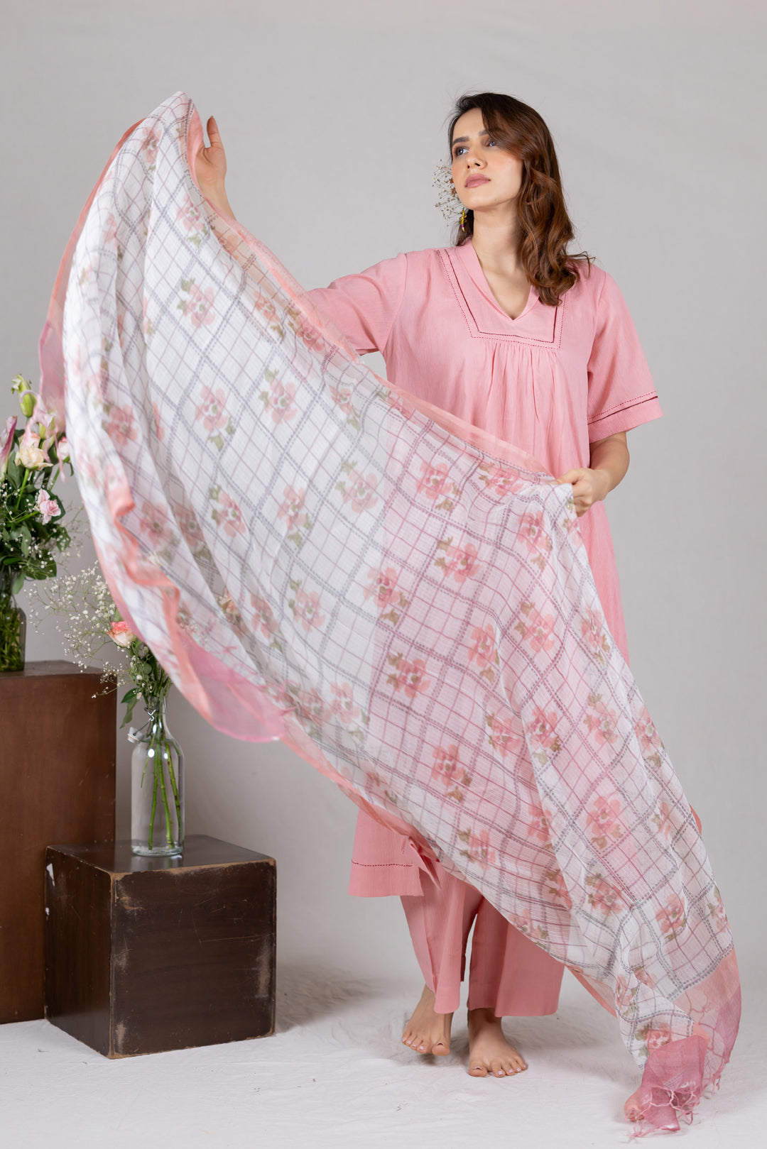 Lightweight Kota Block Print Dupatta in Peach by Ray Ethnic