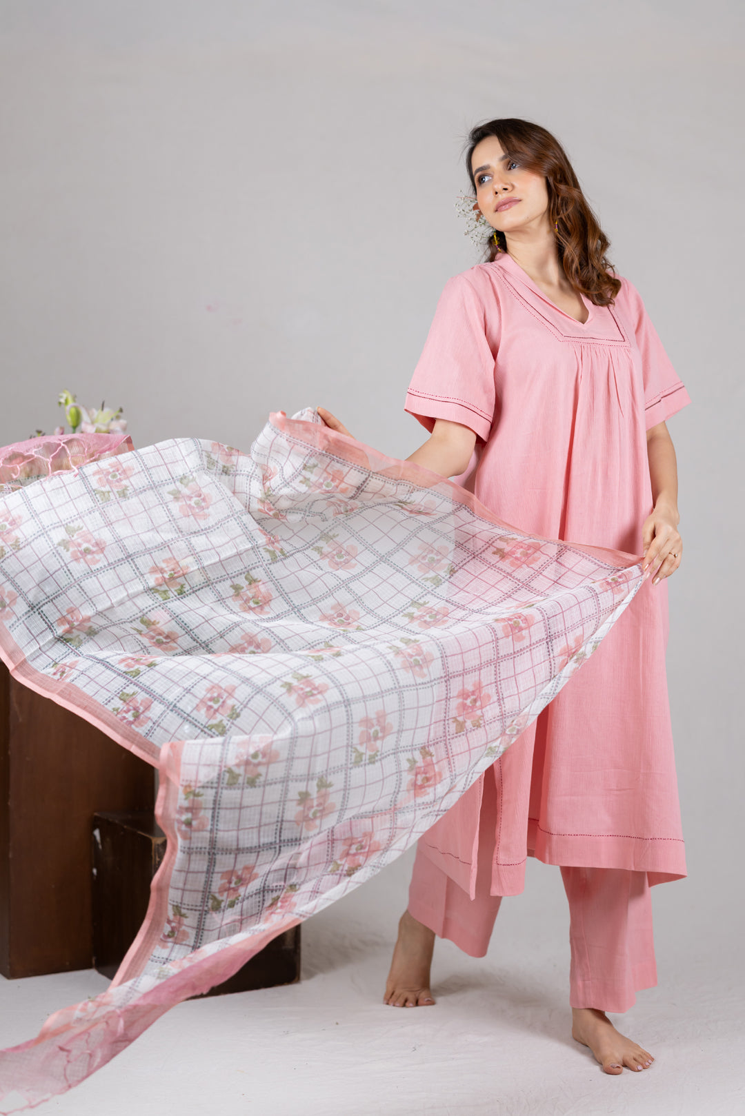 Lightweight Kota Block Print Dupatta in Peach by Ray Ethnic