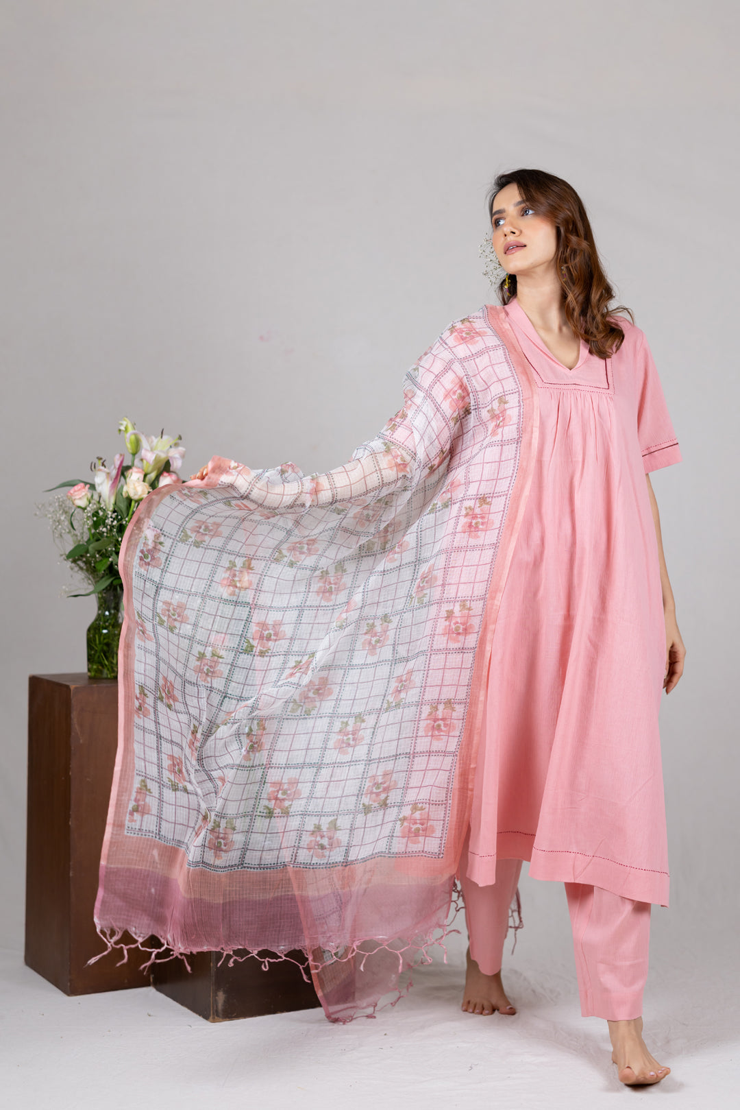 Lightweight Kota Block Print Dupatta in Peach by Ray Ethnic