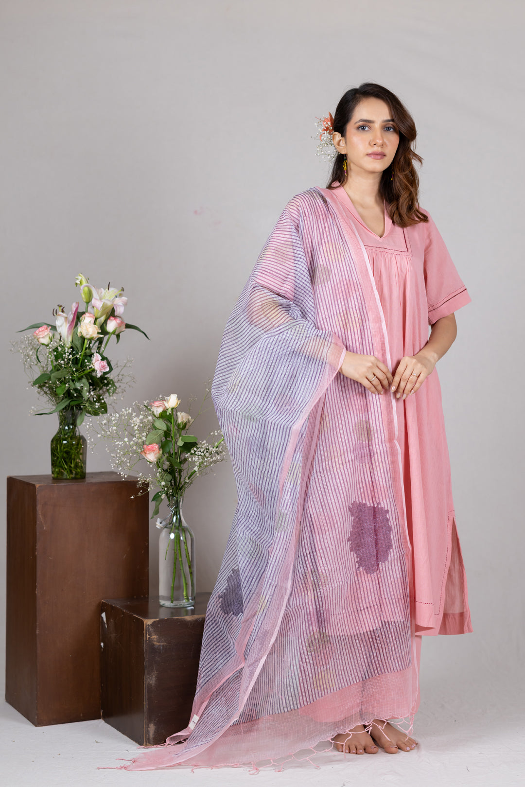 Sheer Peach Kota Dupatta with Hand Block Print by Ray Ethnic