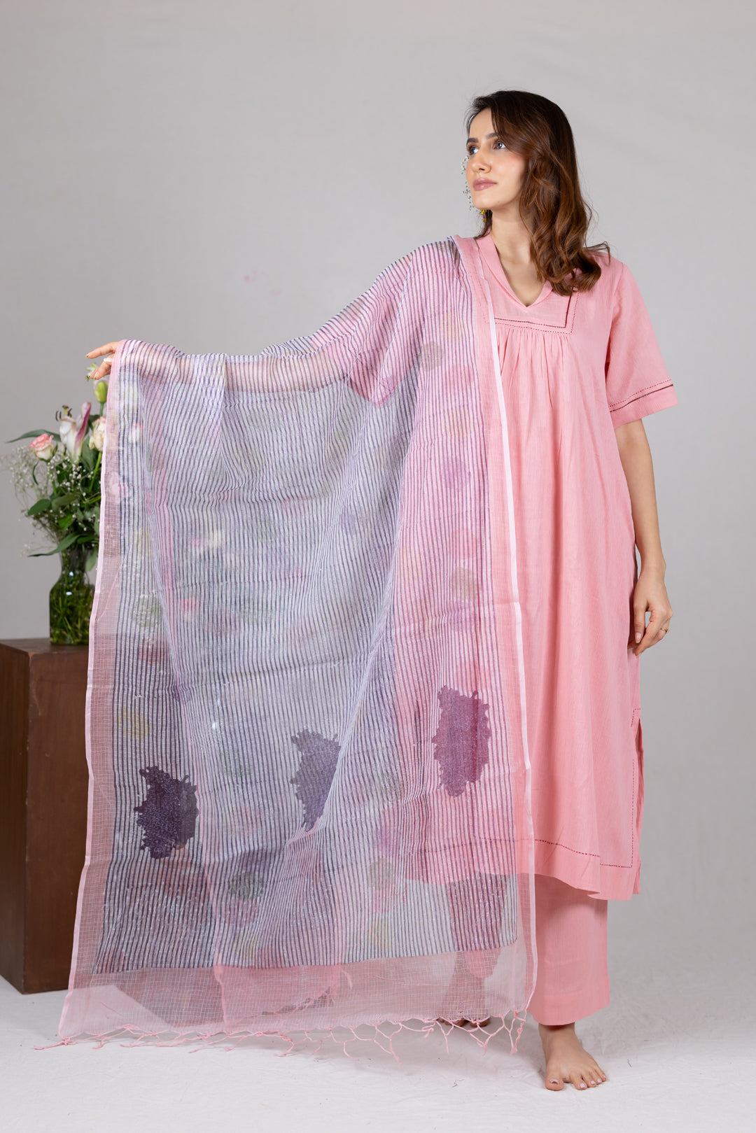Sheer Peach Kota Dupatta with Hand Block Print by Ray Ethnic