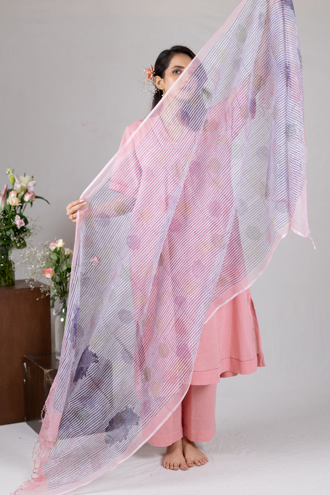 Sheer Peach Kota Dupatta with Hand Block Print by Ray Ethnic