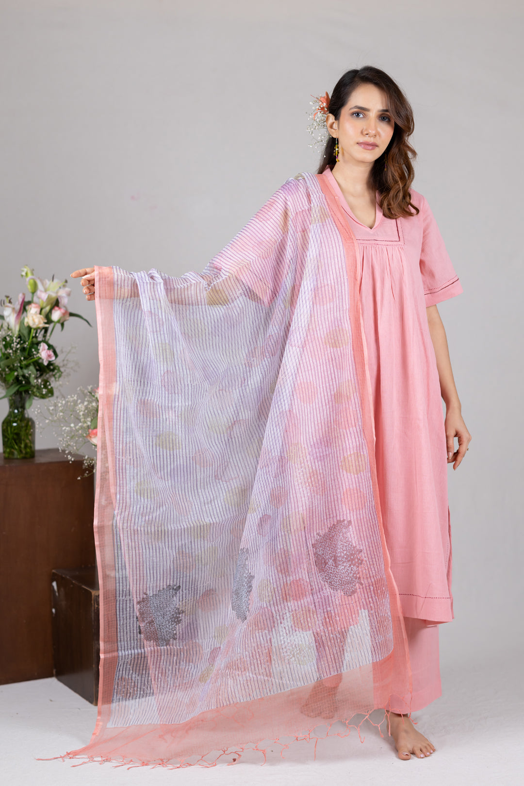 Sheer Peach Kota Dupatta with Hand Block Print by Ray Ethnic