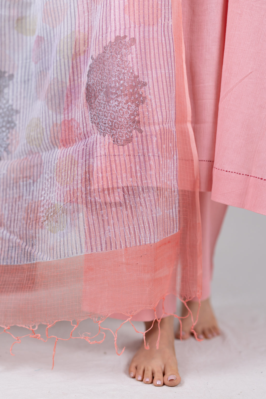 Sheer Peach Kota Dupatta with Hand Block Print by Ray Ethnic