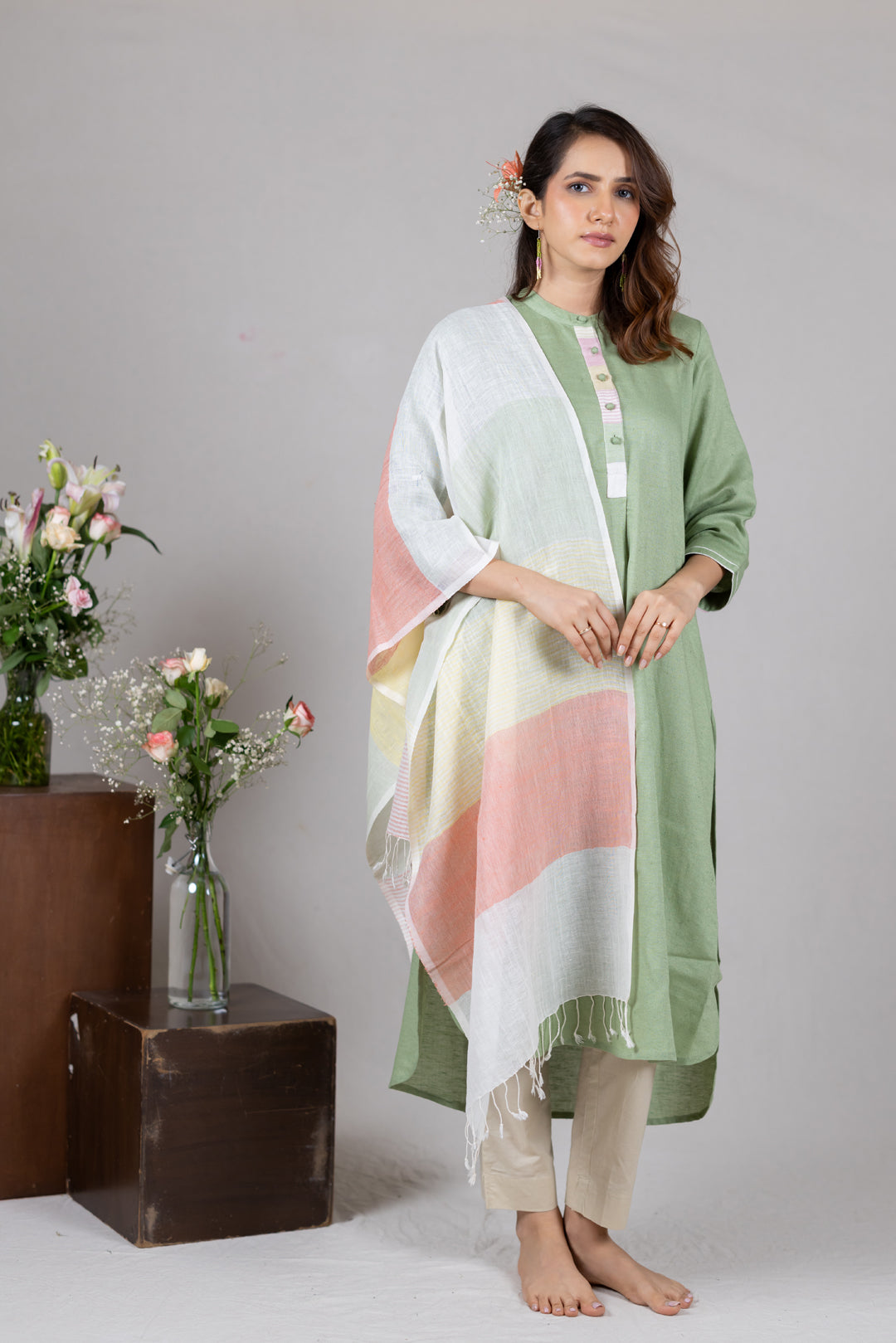 Handwoven Linen Multicolour Stole in Soft Pastels by Ray Ethnic