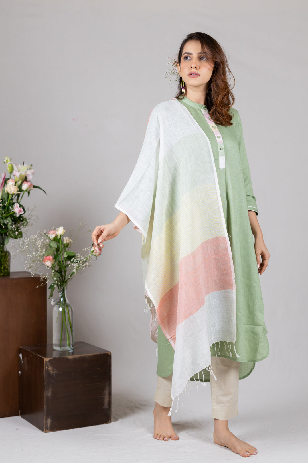 Handwoven Linen Multicolour Stole in Soft Pastels by Ray Ethnic