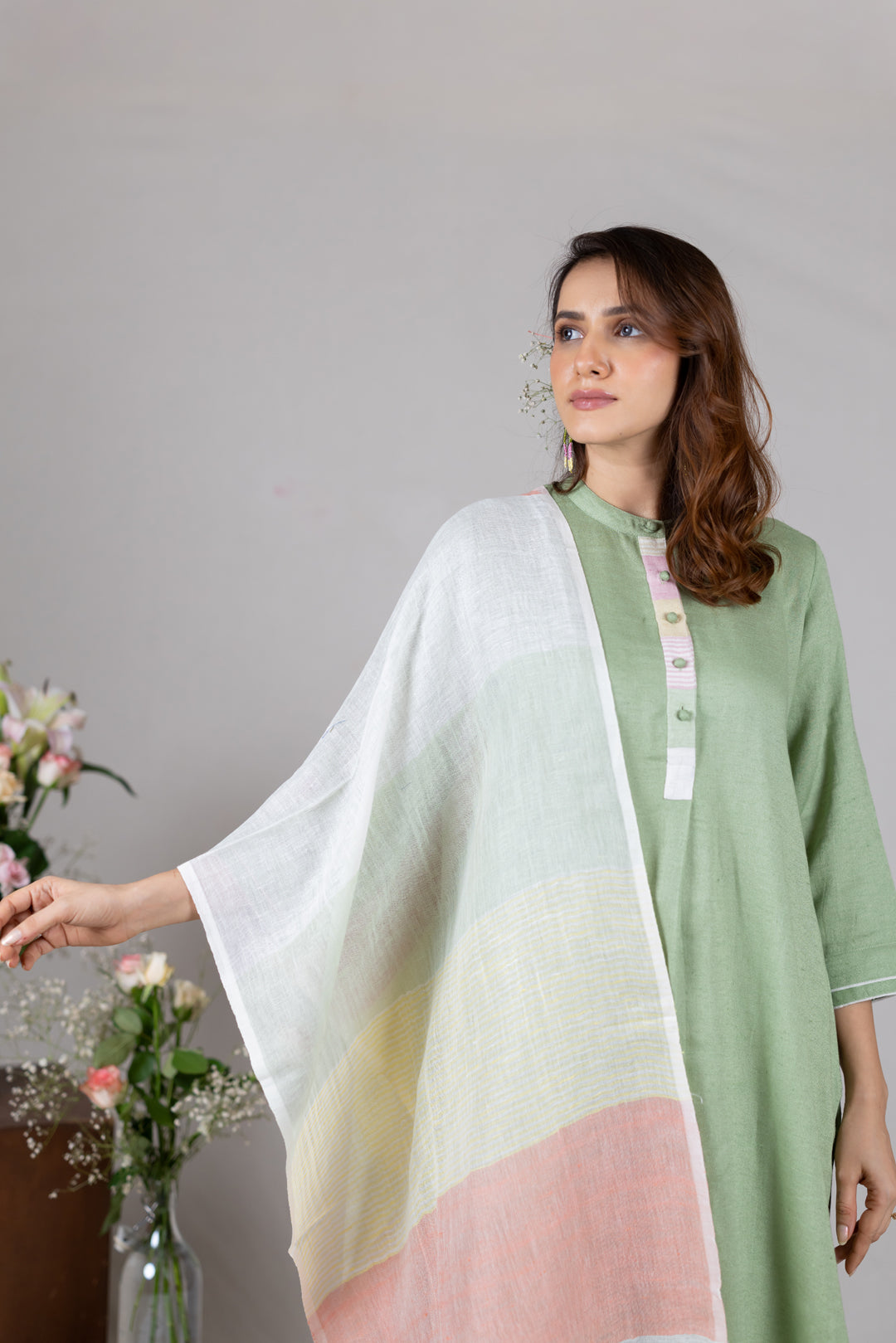 Handwoven Linen Multicolour Stole in Soft Pastels by Ray Ethnic