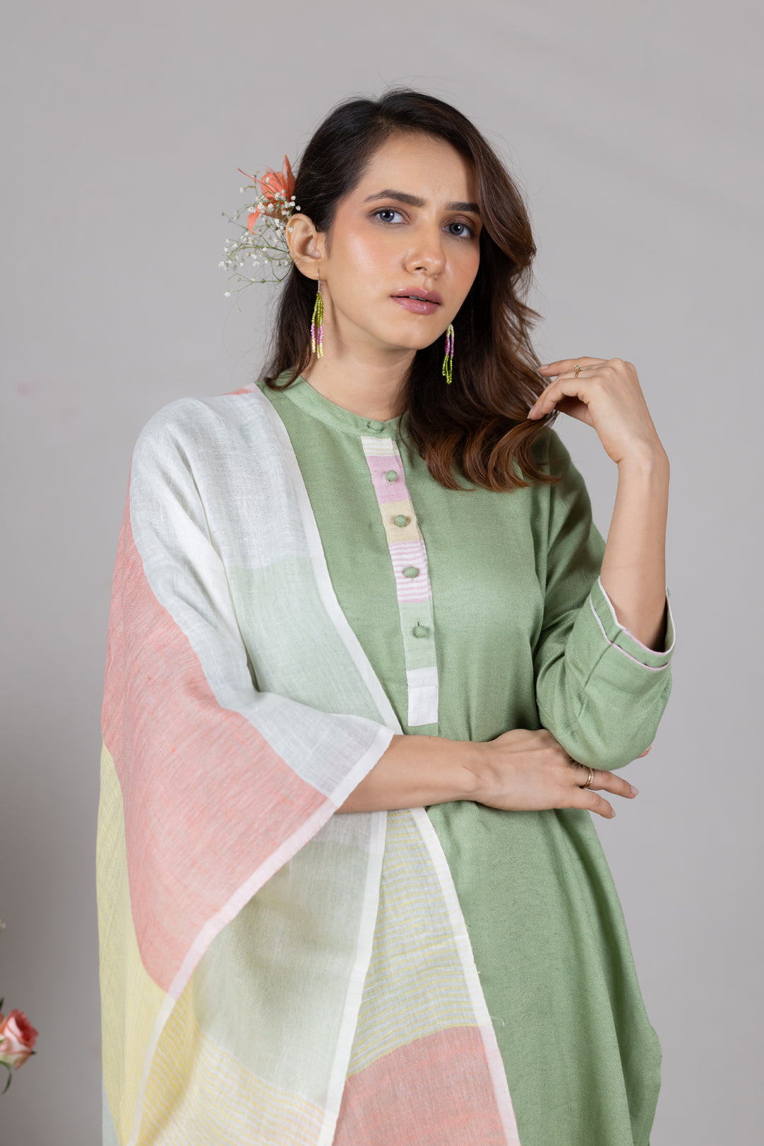 Handwoven Linen Multicolour Stole in Soft Pastels by Ray Ethnic