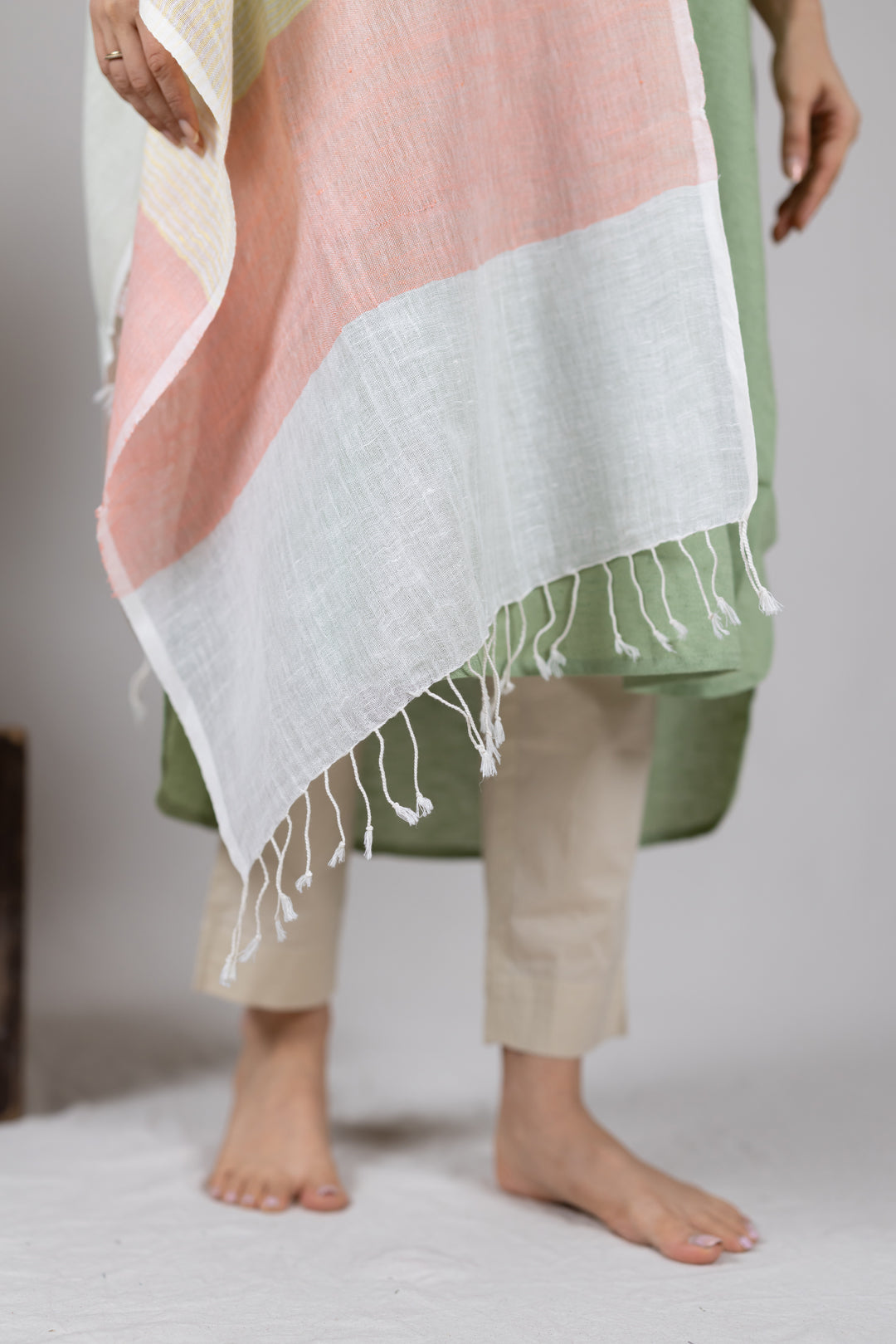 Handwoven Linen Multicolour Stole in Soft Pastels by Ray Ethnic