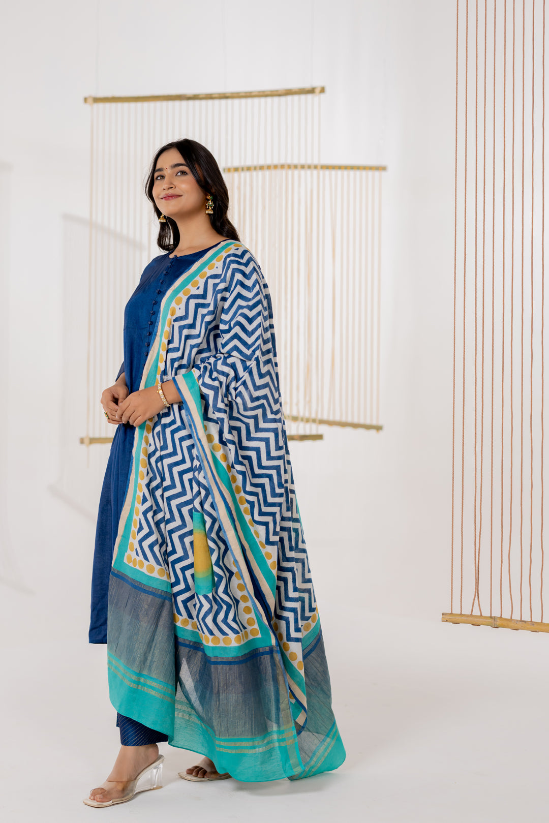 Mint Green Cotton Silk Block Print Dupatta for Women - Dhaaga