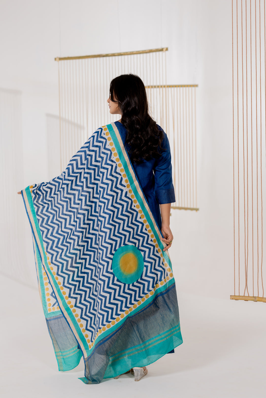 Mint Green Cotton Silk Block Print Dupatta for Women - Dhaaga
